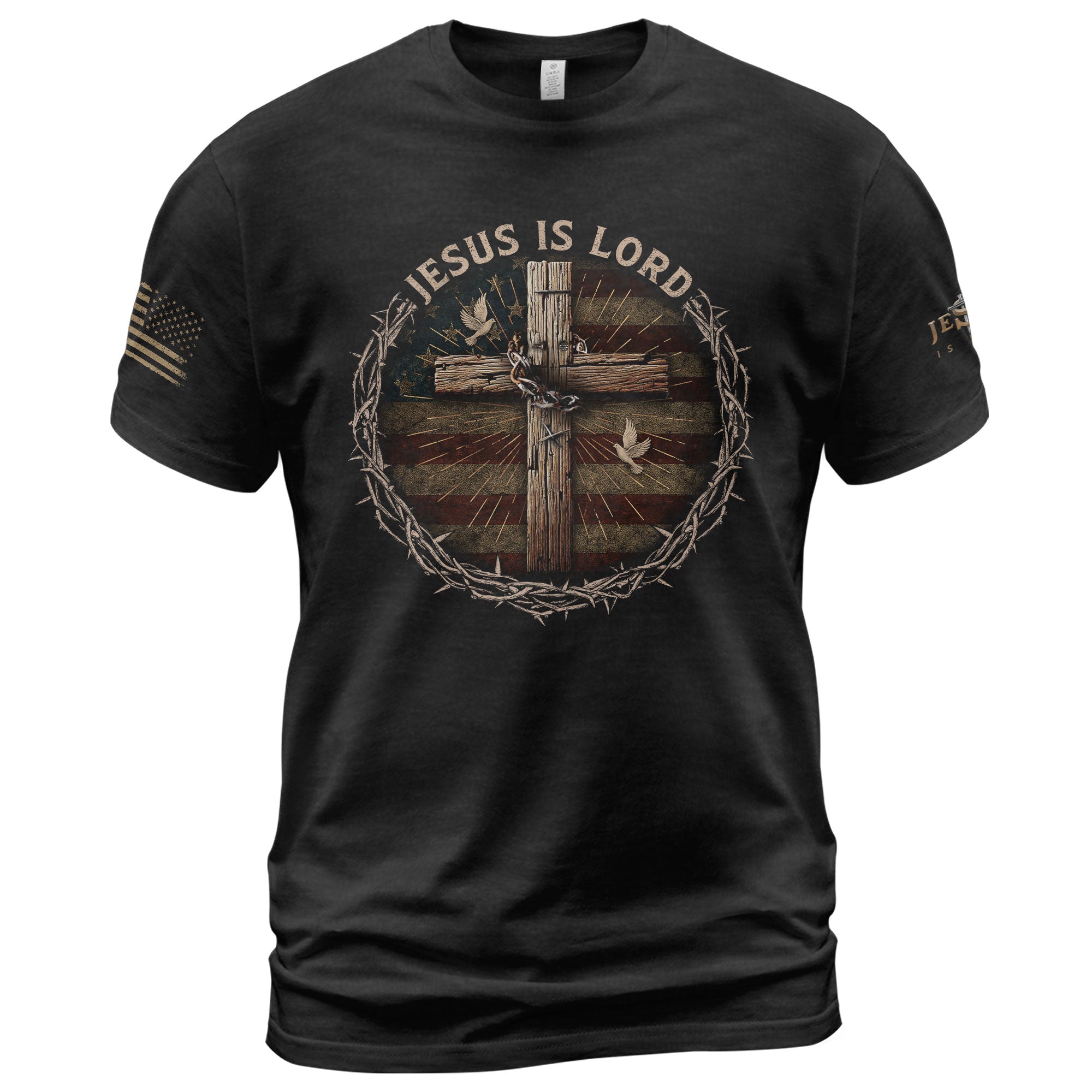 Christian Shirts for Men - Jesus Is Lord Cross and American Flag, Christian Tee Shirts - Rust Field Wear