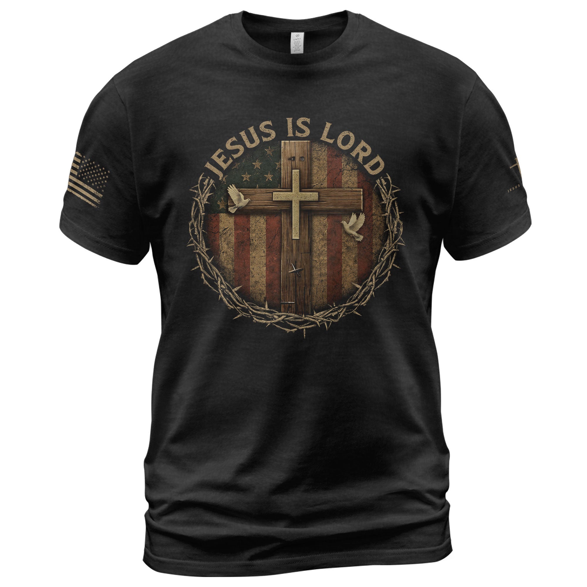 Christian Tee Shirts, Jesus Is Lord Cross and American Flag Shield - Christian Shirts for Men - Rust Field Wear