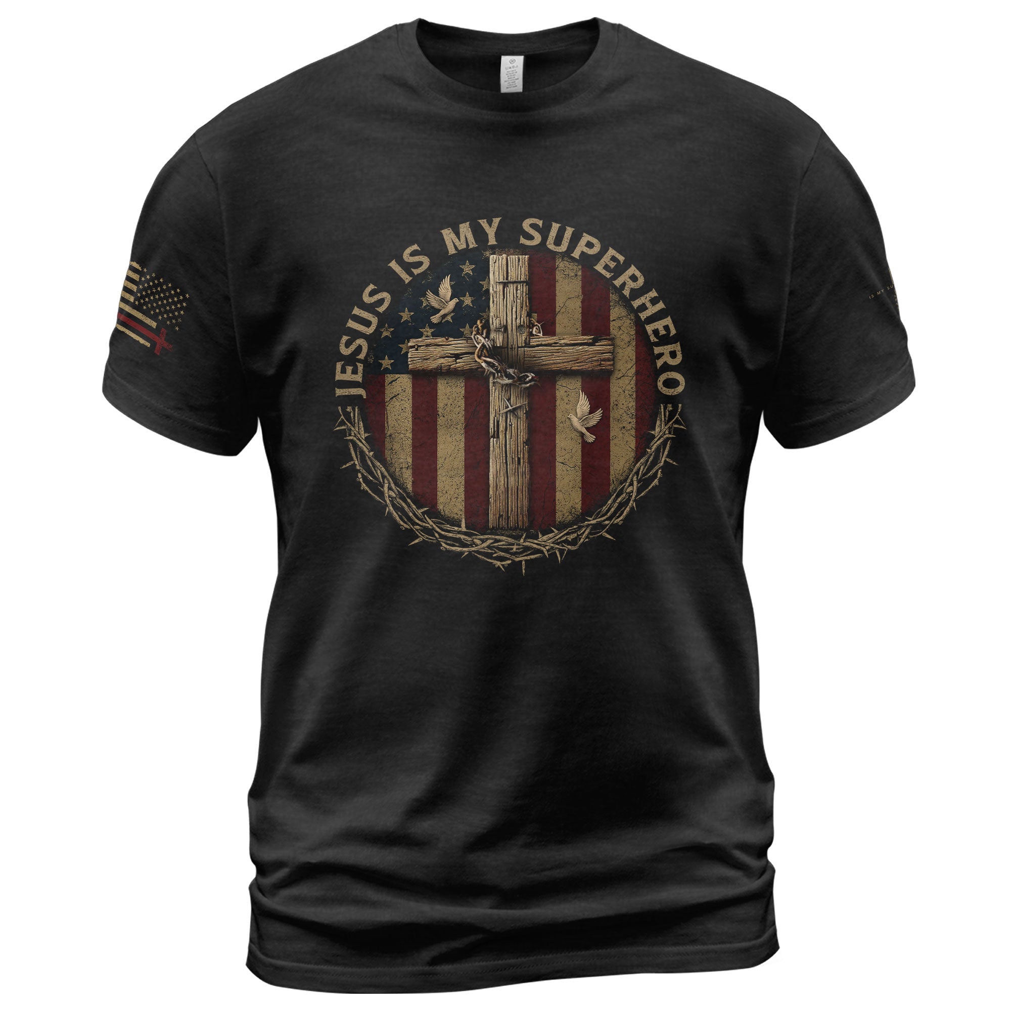 Christian Shirts for Men, Jesus Is My Superhero Wooden Cross and Flag - Christian Tee Shirts - Rust Field Wear