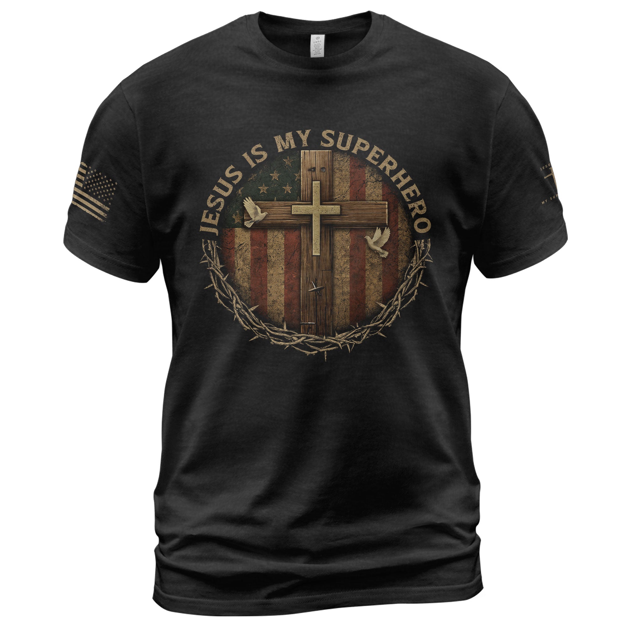 Jesus Is My Superhero Patriotic Cross, Christian Tee Shirts - Faith Shirts for Men - Rust Field Wear
