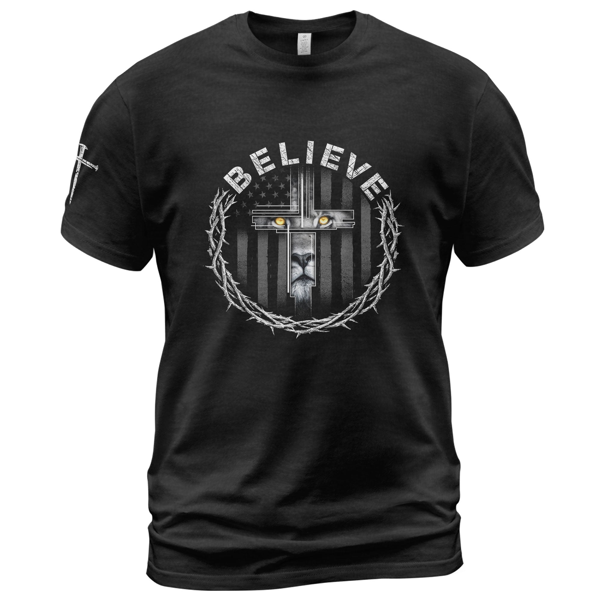 Believe Lion Cross Crown of Thorns Christian, Christian Tee Shirts - Faith Shirts for Men - Rust Field Wear