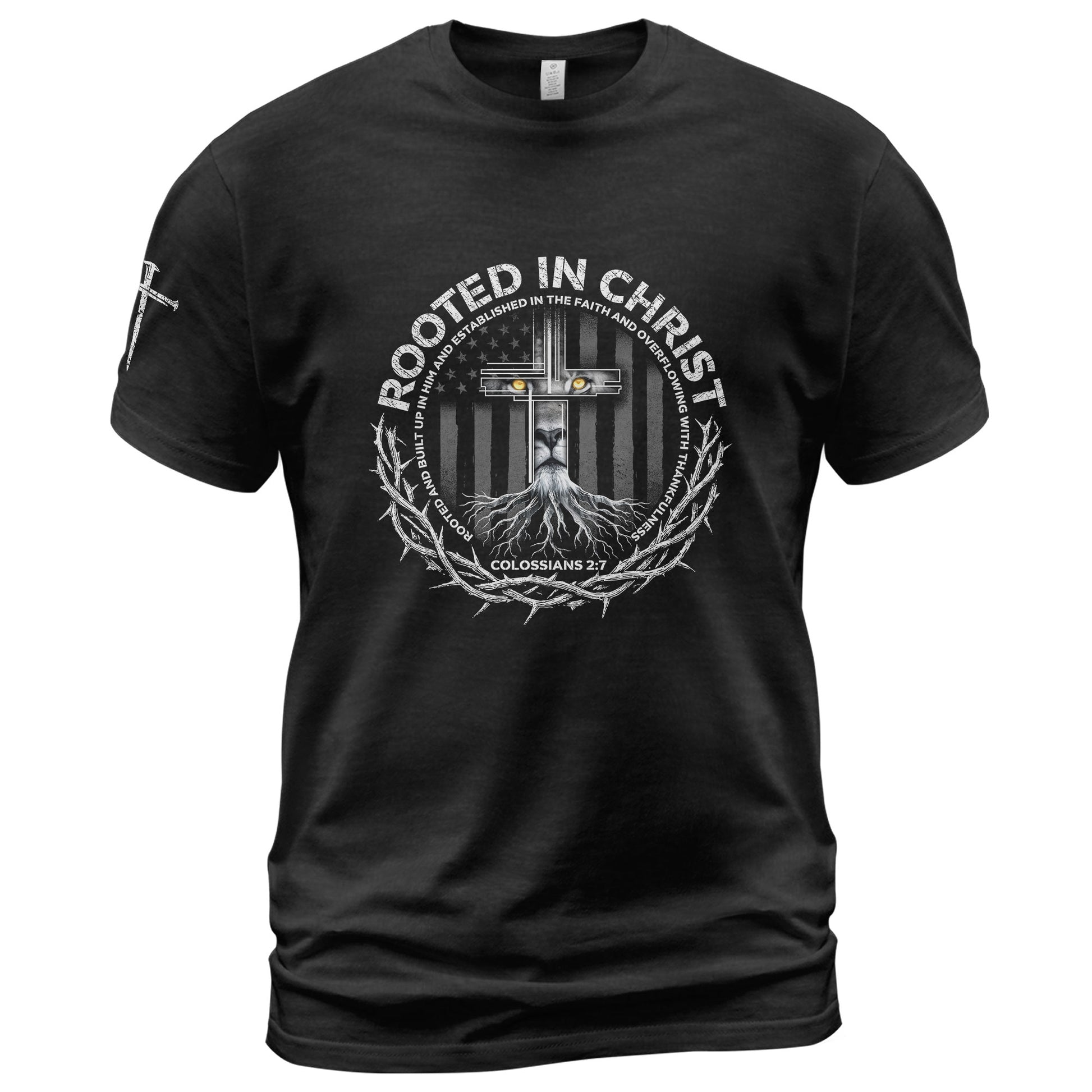 Rooted In Christ Colossians 2:7 Lion Cross - Christian Shirts for Men, Faith Based Christian Tee Shirts - Rust Field Wear
