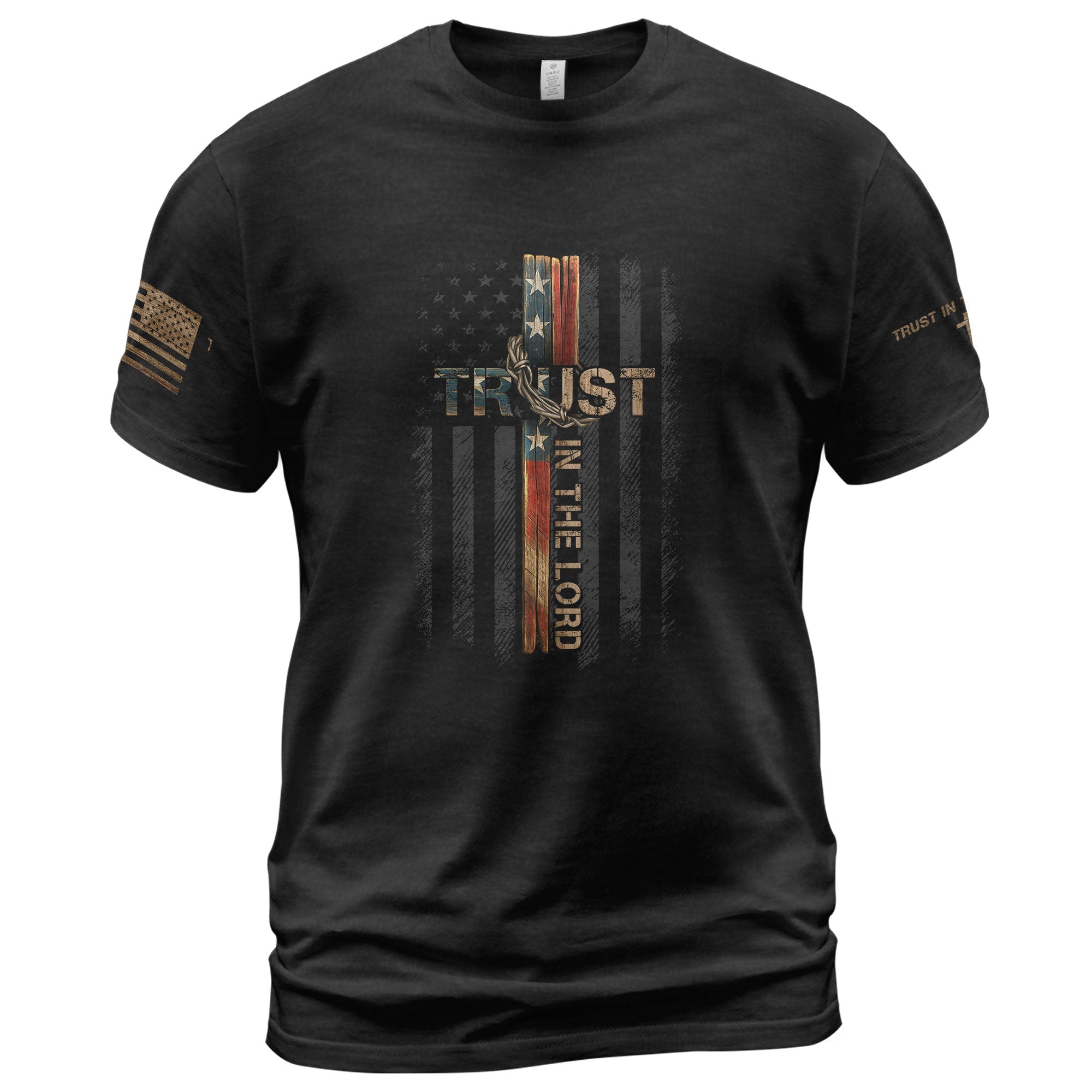 Trust In The Lord American Flag Cross - Christian Tee Shirts, Christian Shirts for Men - Rust Field Wear