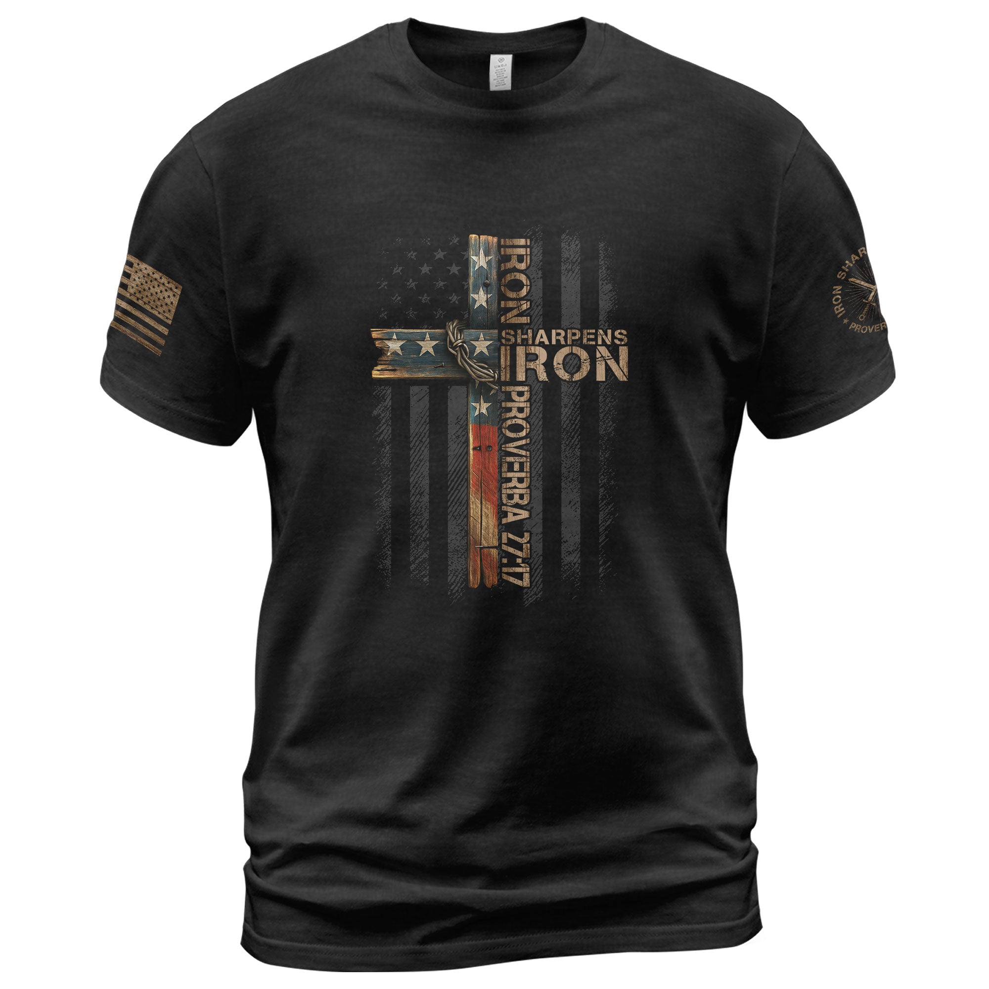 Christian Shirts for Men - Iron Sharpens Iron American Flag Cross, Christian Tee Shirts - Rust Field Wear