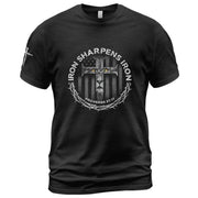 Christian Shirts for Men, Iron Sharpens Iron Proverbs 27:17 Lion Cross - Christian Tee Shirts - Rust Field Wear