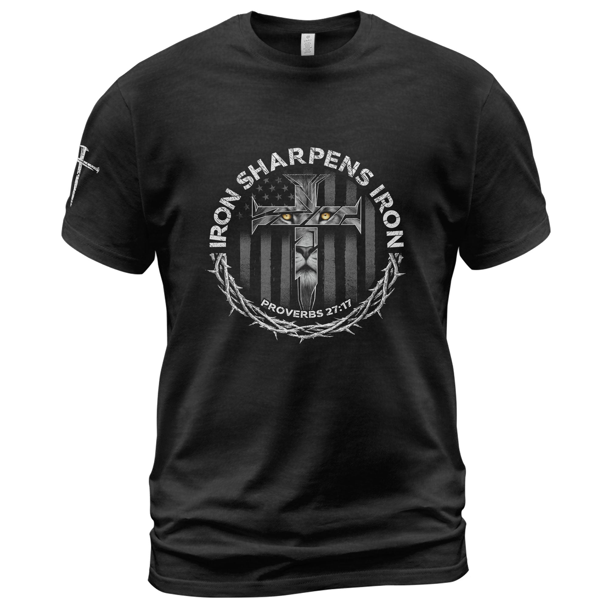 Christian Shirts for Men, Iron Sharpens Iron Proverbs 27:17 Lion Cross - Christian Tee Shirts - Rust Field Wear
