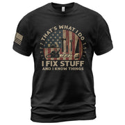 Men Woodworking Tool Graphic T-Shirt I Fix Stuff And I Know Things Chainsaw Flag Tee