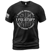 Men Graphic Circular Badge T-Shirt I Fix Stuff And I Know Things Tool Quote Tee