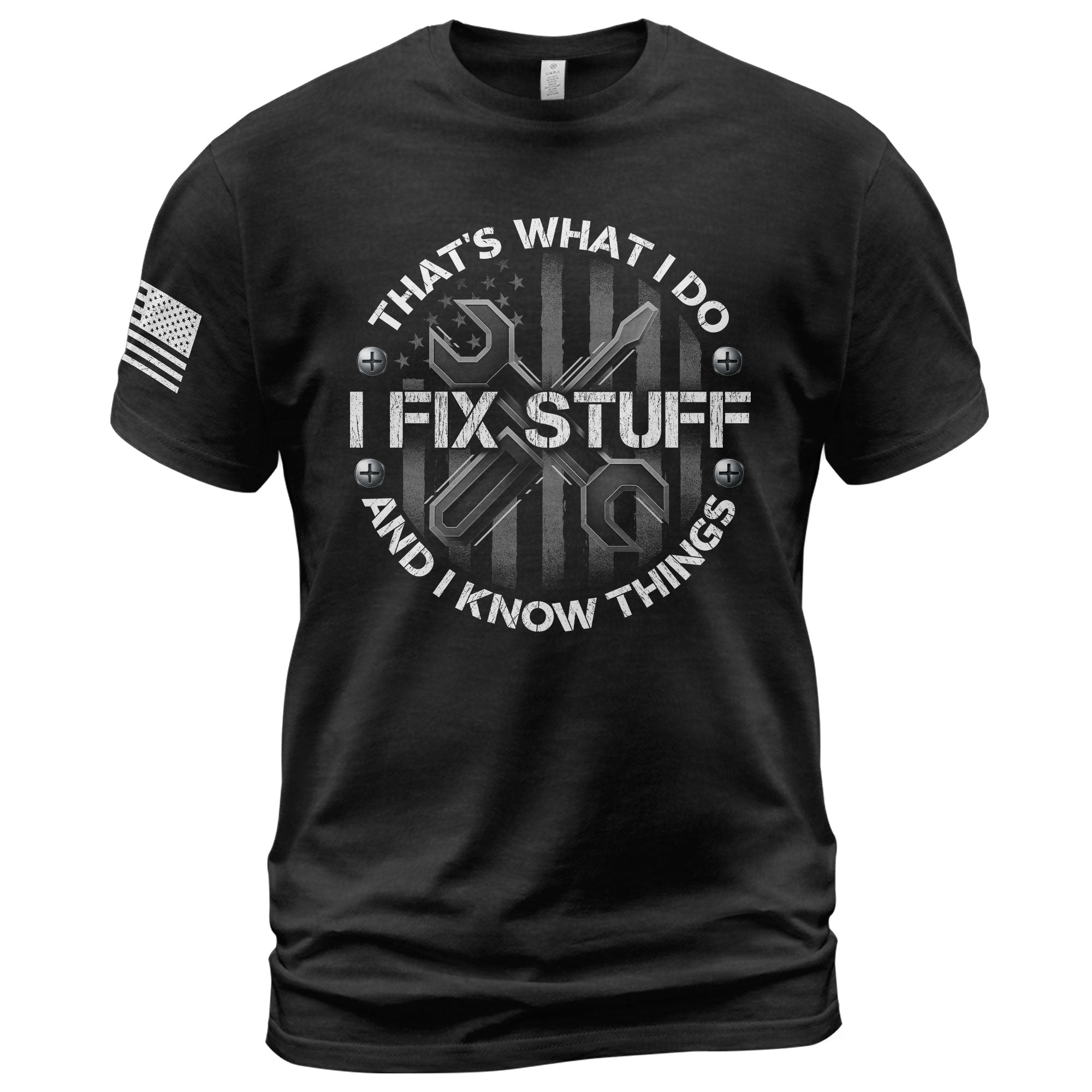 Men Graphic Circular Badge T-Shirt I Fix Stuff And I Know Things Tool Quote Tee