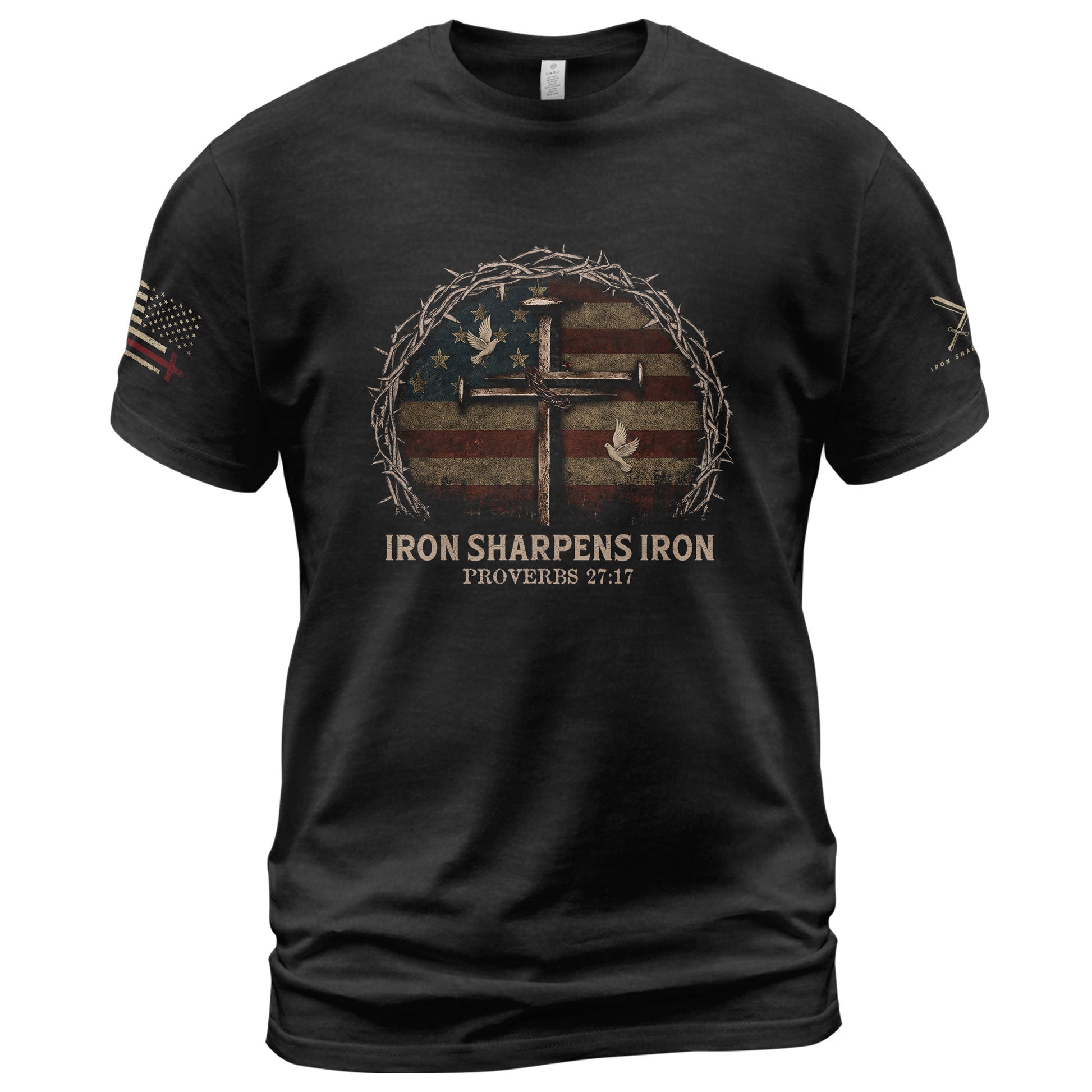 Christian Shirts for Men, Iron Sharpens Iron Cross American Flag - Christian Tee Shirts - Rust Field Wear