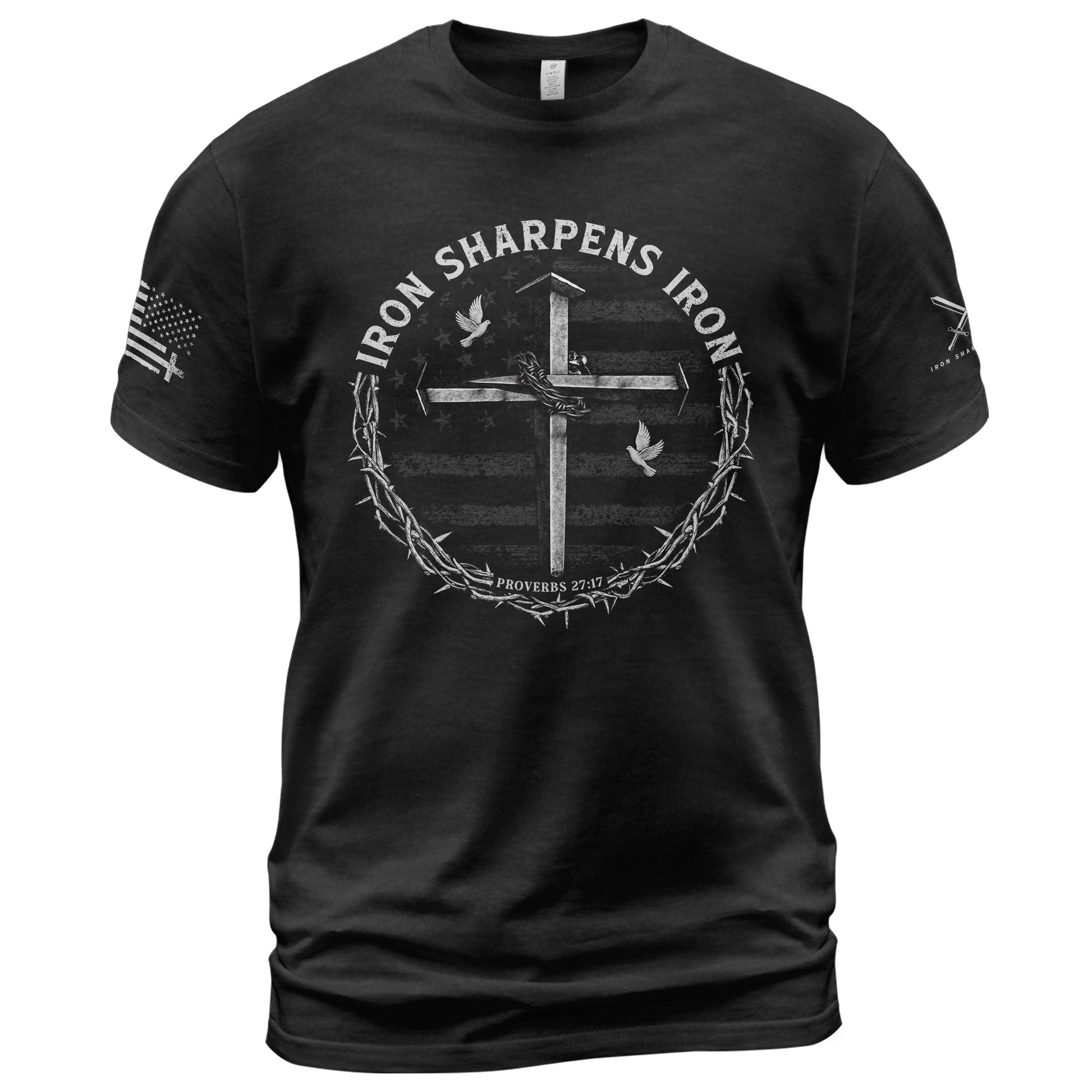 Christian Shirts for Men - Iron Sharpens Iron Cross Proverbs 27:17 Christian, Christian Tee Shirts - Rust Field Wear