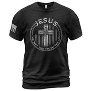 Faith Based Christian Tee Shirts, Jesus Cross American Flag The Way The Truth The Life - Christian Shirts for Men - Rust Field Wear