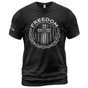 Freedom Shirts for Men, Freedom Memorial American Flag Cross with Crown of Thorns and Quote - Patriotic T Shirts - Rust Field Wear