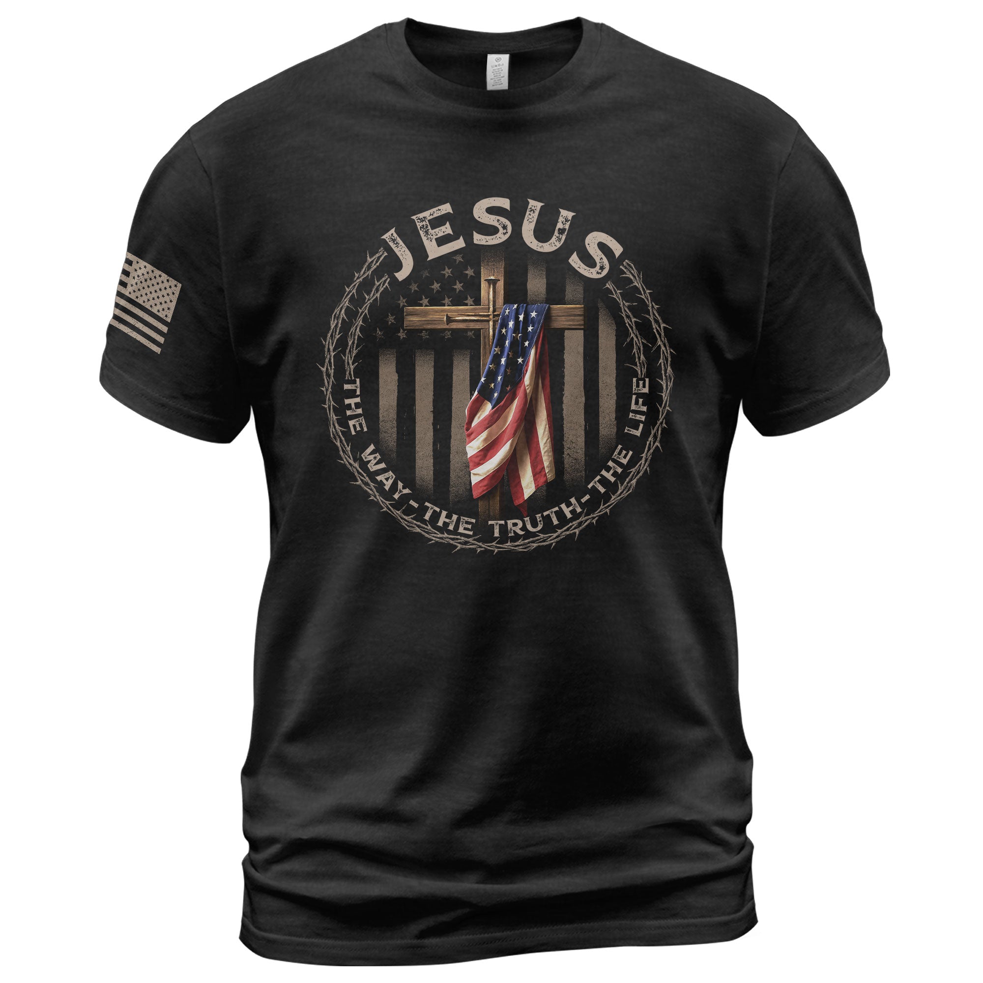Christian Shirts for Men, Jesus The Way The Truth The Life American Flag Cross and Crown of Thorns - Christian Tee Shirts - Rust Field Wear