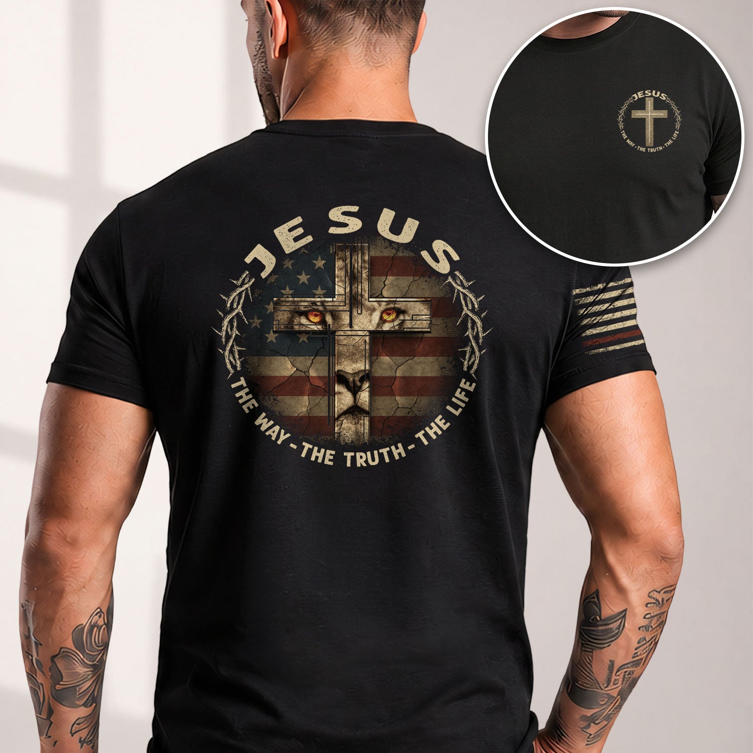Jesus and American Flag Lion Cross The Way The Truth The Life, Christian Tee Shirts - Faith Shirts for Men - Rust Field Wear