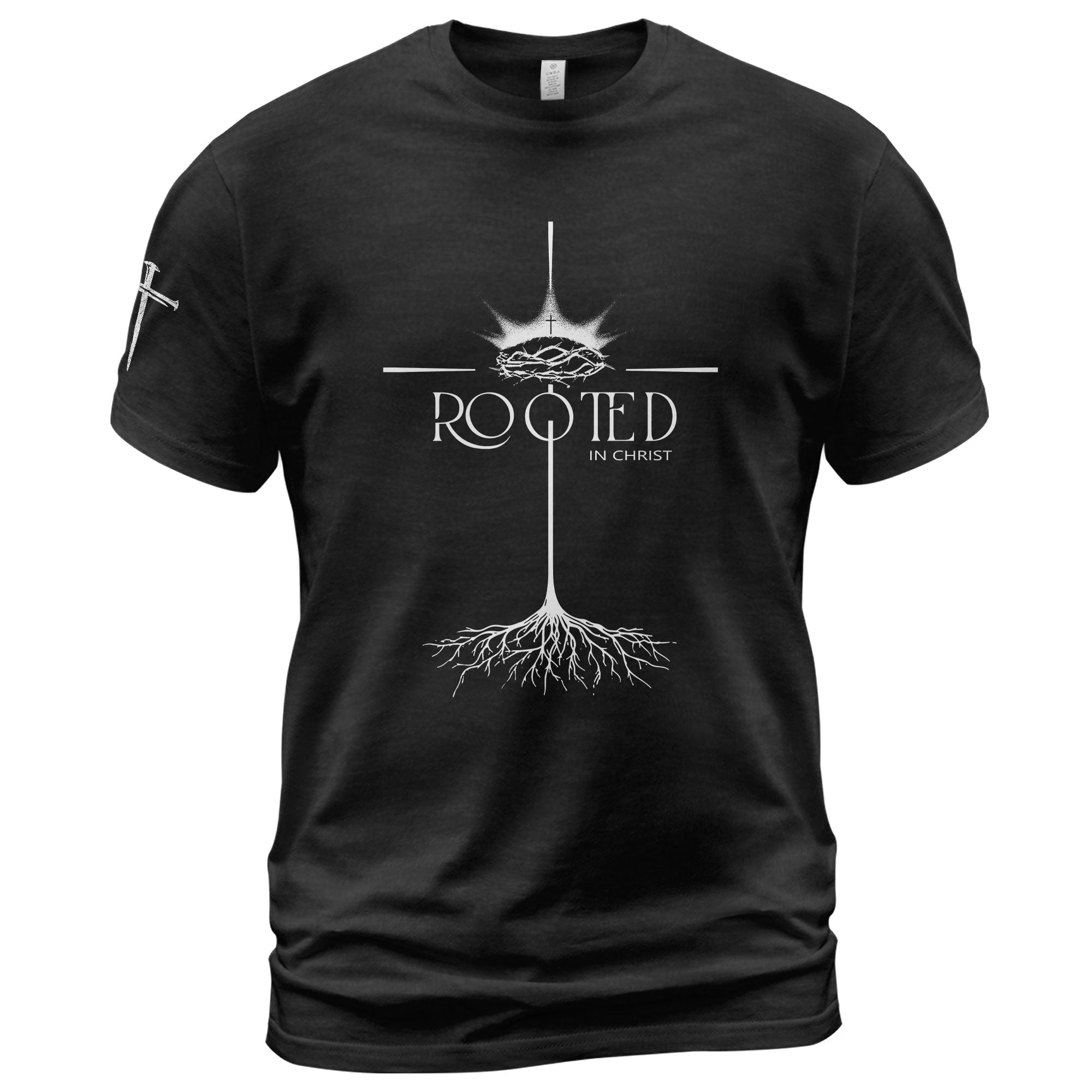 Faith Based Christian Tee Shirts, Rooted In Christ Christian With Crown Of Thorns And Cross Roots - Christian Shirts for Men - Rust Field Wear