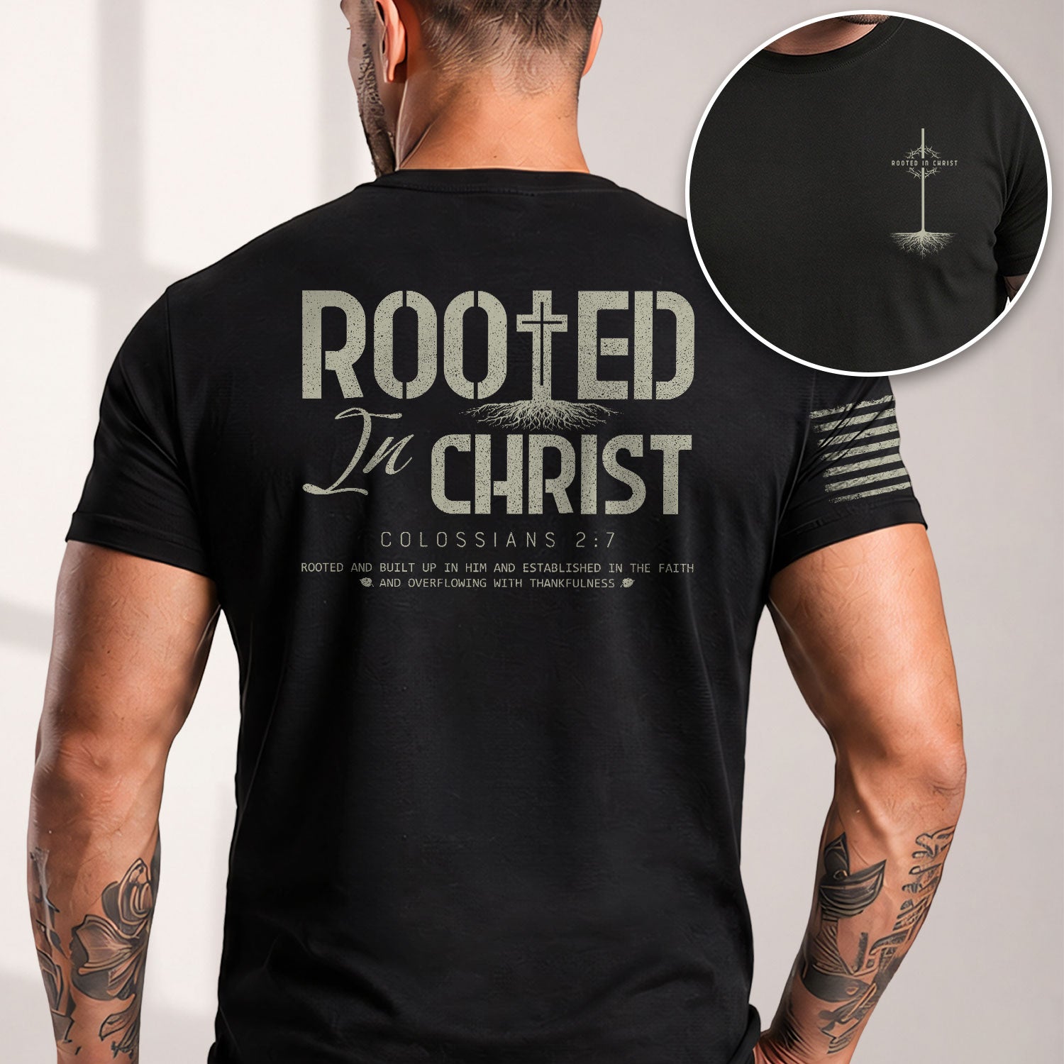 Rooted In Christ Colossians 2 7 Christian With Cross And Roots - Christian Tee Shirts, Christian Shirts for Men - Rust Field Wear