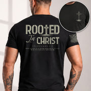 Rooted In Christ Colossians 2 7 Christian With Cross And Roots - Christian Tee Shirts, Christian Shirts for Men - Rust Field Wear
