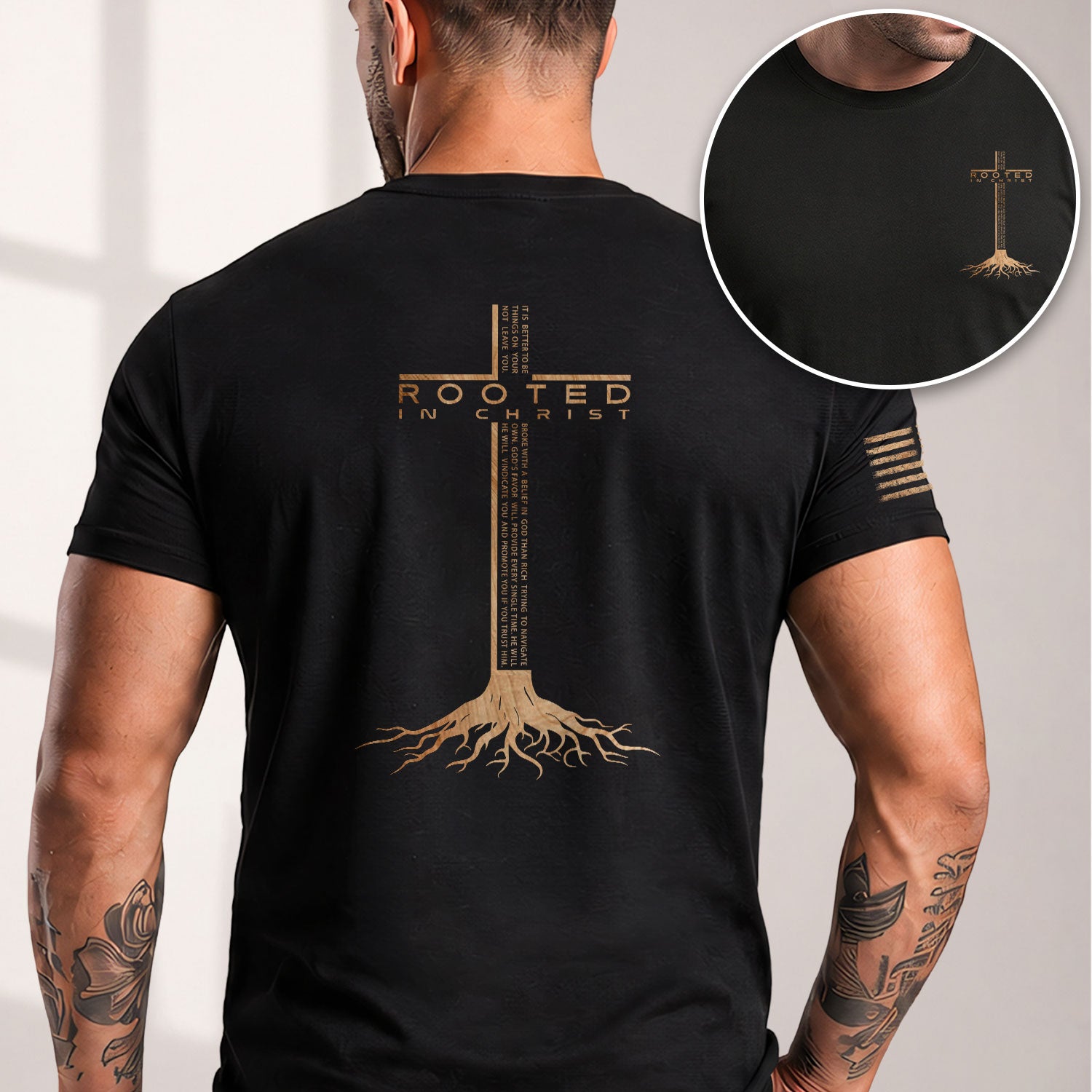 Rooted In Christ Scripture Cross Back Print Christian - Christian Tee Shirts, Christian Shirts for Men - Rust Field Wear