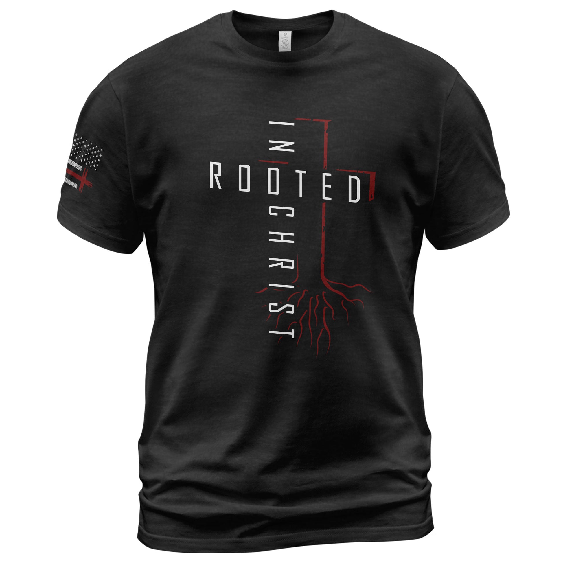 Christian Tee Shirts, Rooted In Christ Red Cross and Roots Christian - Christian Shirts for Men - Rust Field Wear