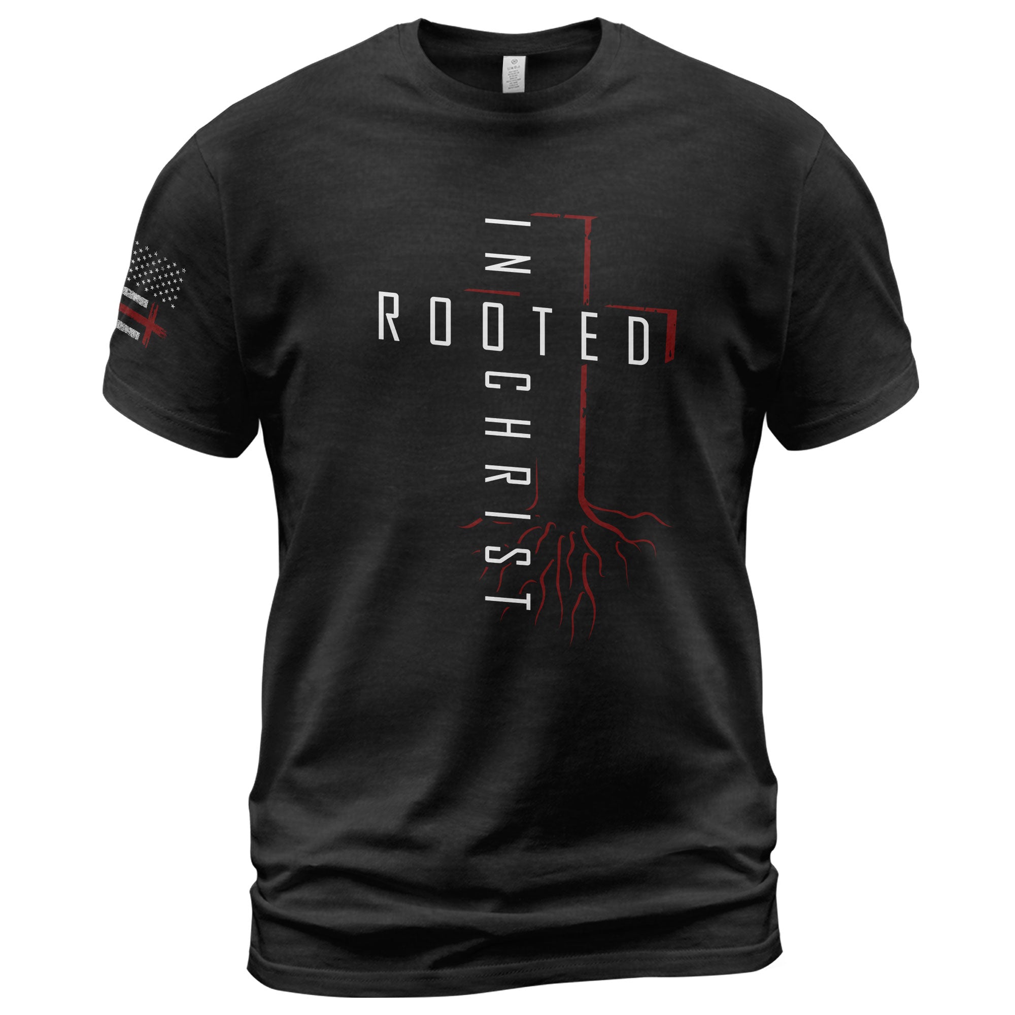 Christian Tee Shirts, Rooted In Christ Red Cross and Roots Christian - Christian Shirts for Men - Rust Field Wear