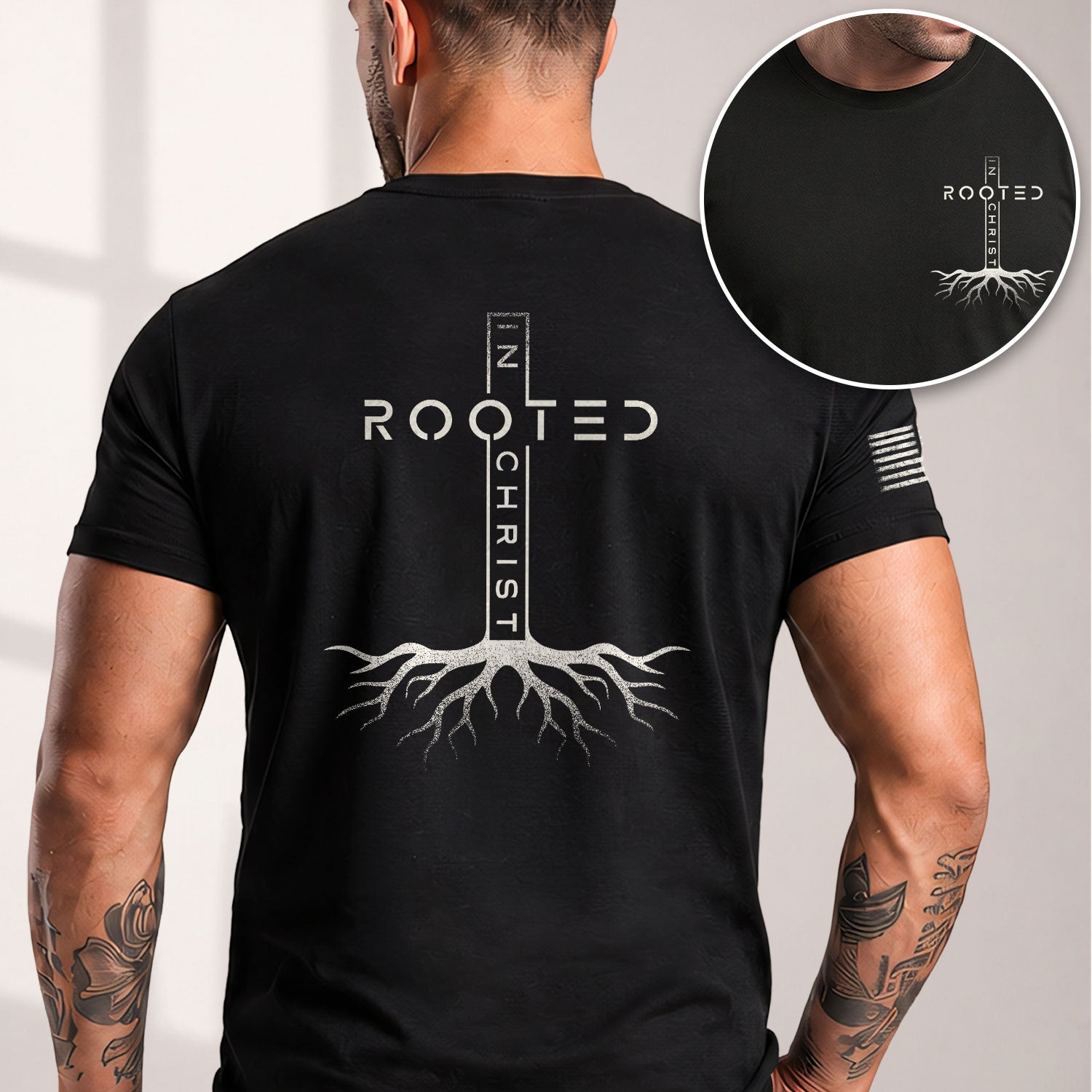 Christian Shirts for Men - Rooted In Christ Vertical Cross Roots Back Print Christian, Christian Tee Shirts - Rust Field Wear