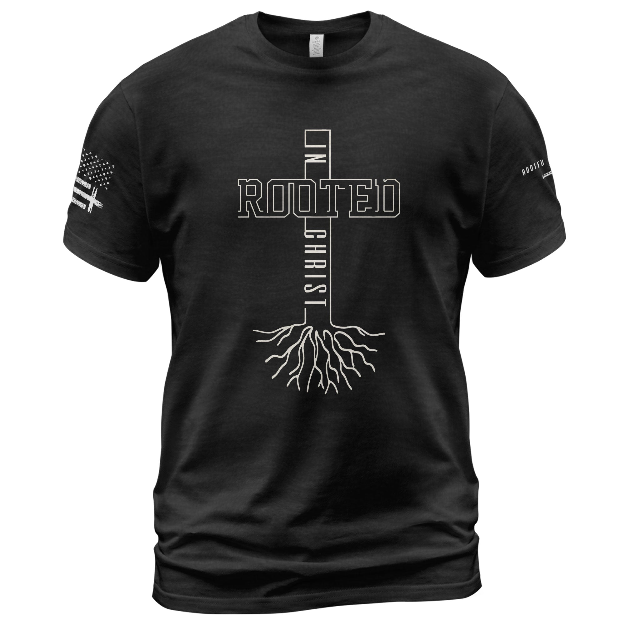 Rooted In Christ Bold Cross Roots Christian, Christian Tee Shirts - Faith Shirts for Men - Rust Field Wear