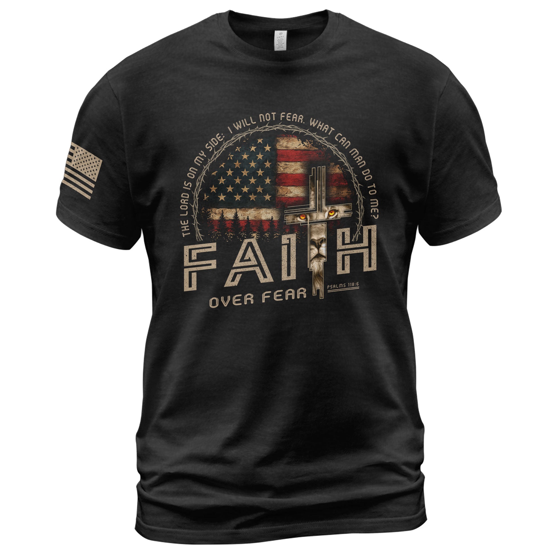 Faith Over Fear Psalms 118:6 Lion Cross American Flag Christian, Christian Shirts for Men - Christian Tee Shirts - Rust Field Wear
