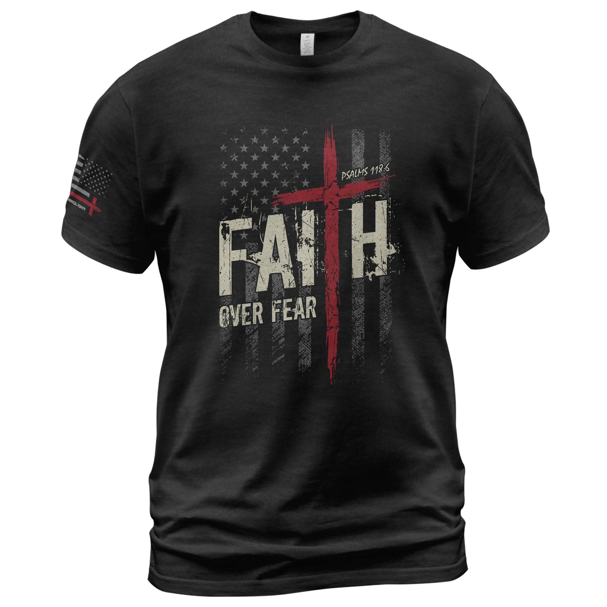 Christian Tee Shirts, Faith Over Fear Psalms 118:6 Red Cross American Flag Christian - Christian Shirts for Men - Rust Field Wear