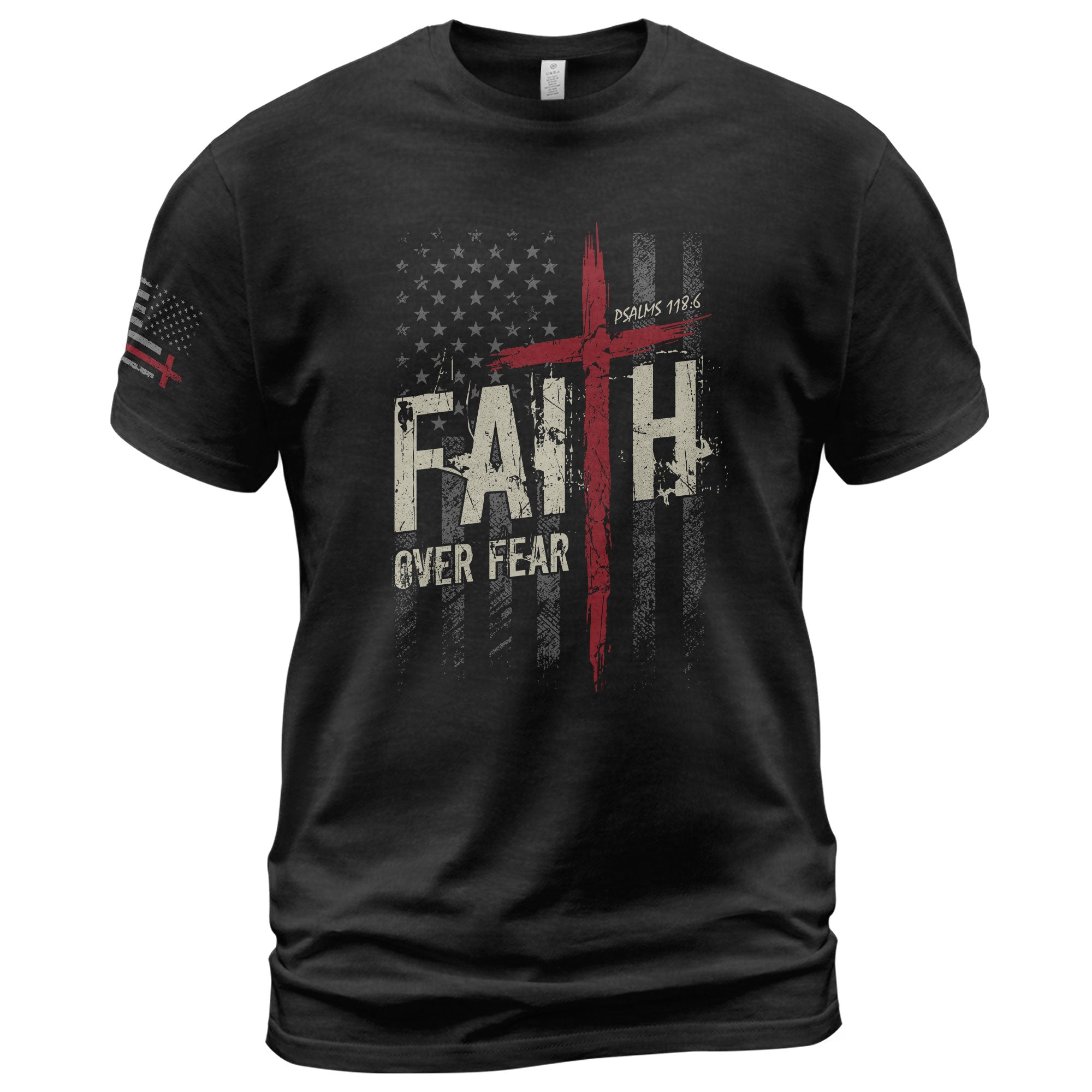 Christian Tee Shirts, Faith Over Fear Psalms 118:6 Red Cross American Flag Christian - Christian Shirts for Men - Rust Field Wear
