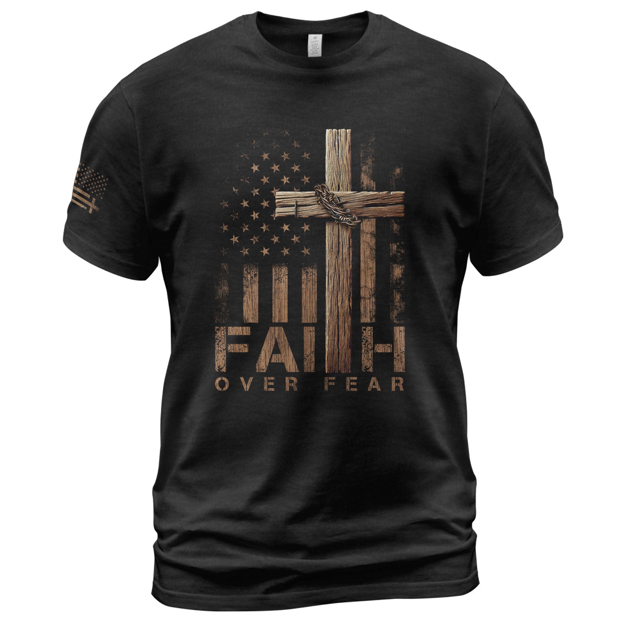 Faith Over Fear Wooden Cross American Flag Christian - Christian Shirts for Men, Faith Based Christian Tee Shirts - Rust Field Wear