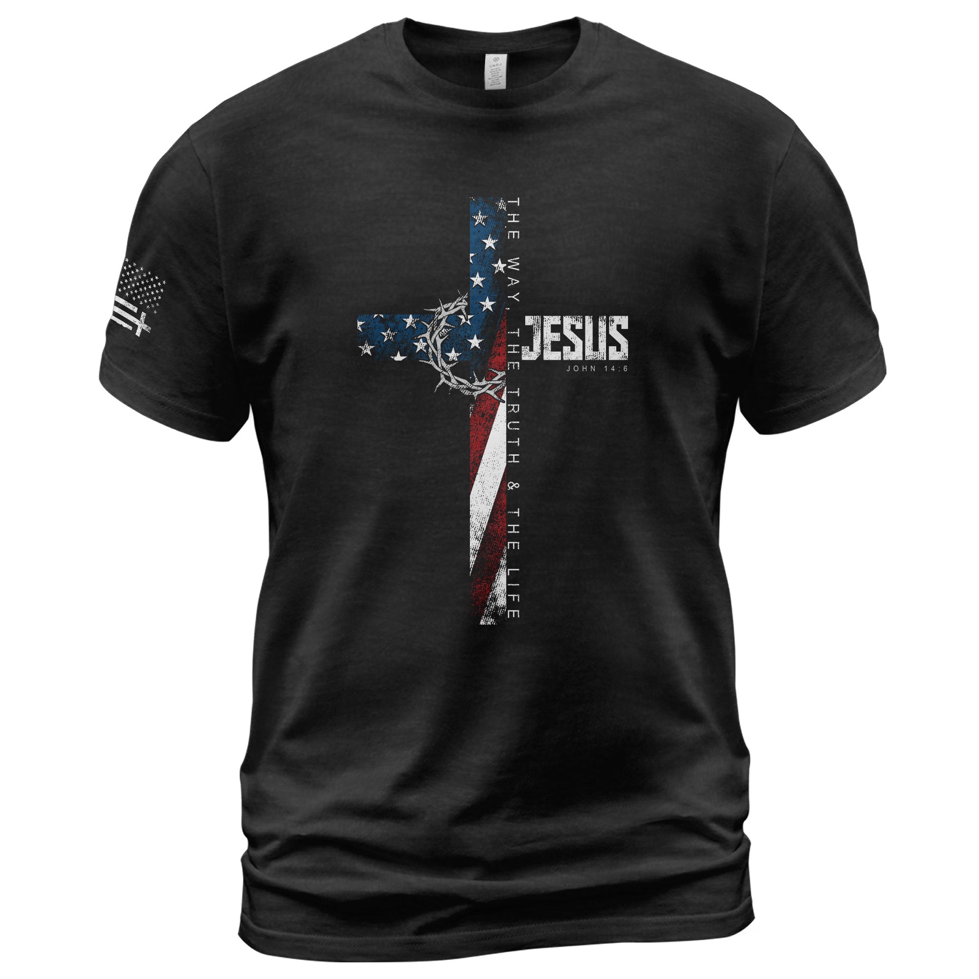 Christian Shirts for Men, Jesus John 14:6 American Flag Cross Crown Christian - Christian Tee Shirts - Rust Field Wear
