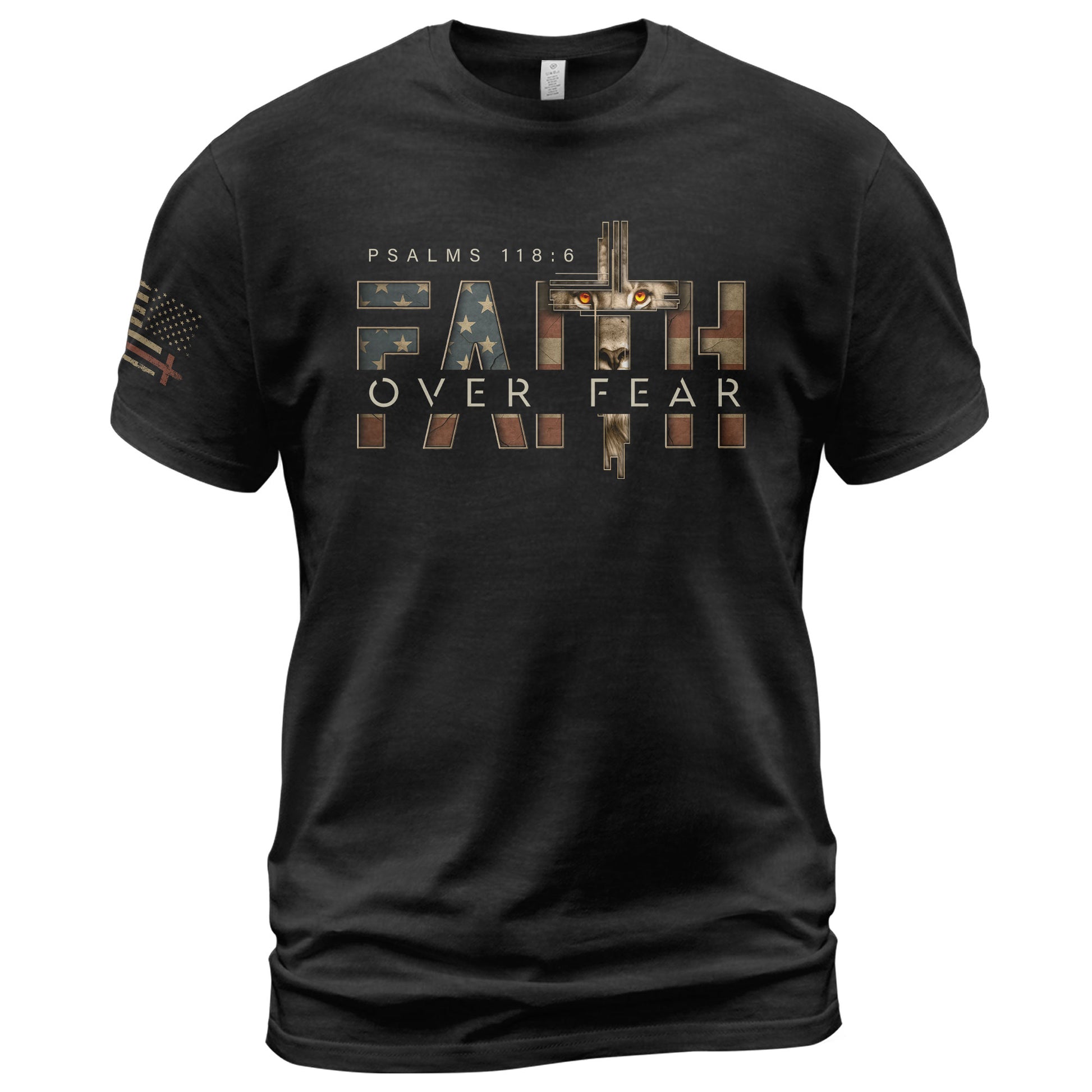 Faith Over Fear Lion Cross American Flag Psalms 118:6 Christian, Christian Tee Shirts - Faith Shirts for Men - Rust Field Wear