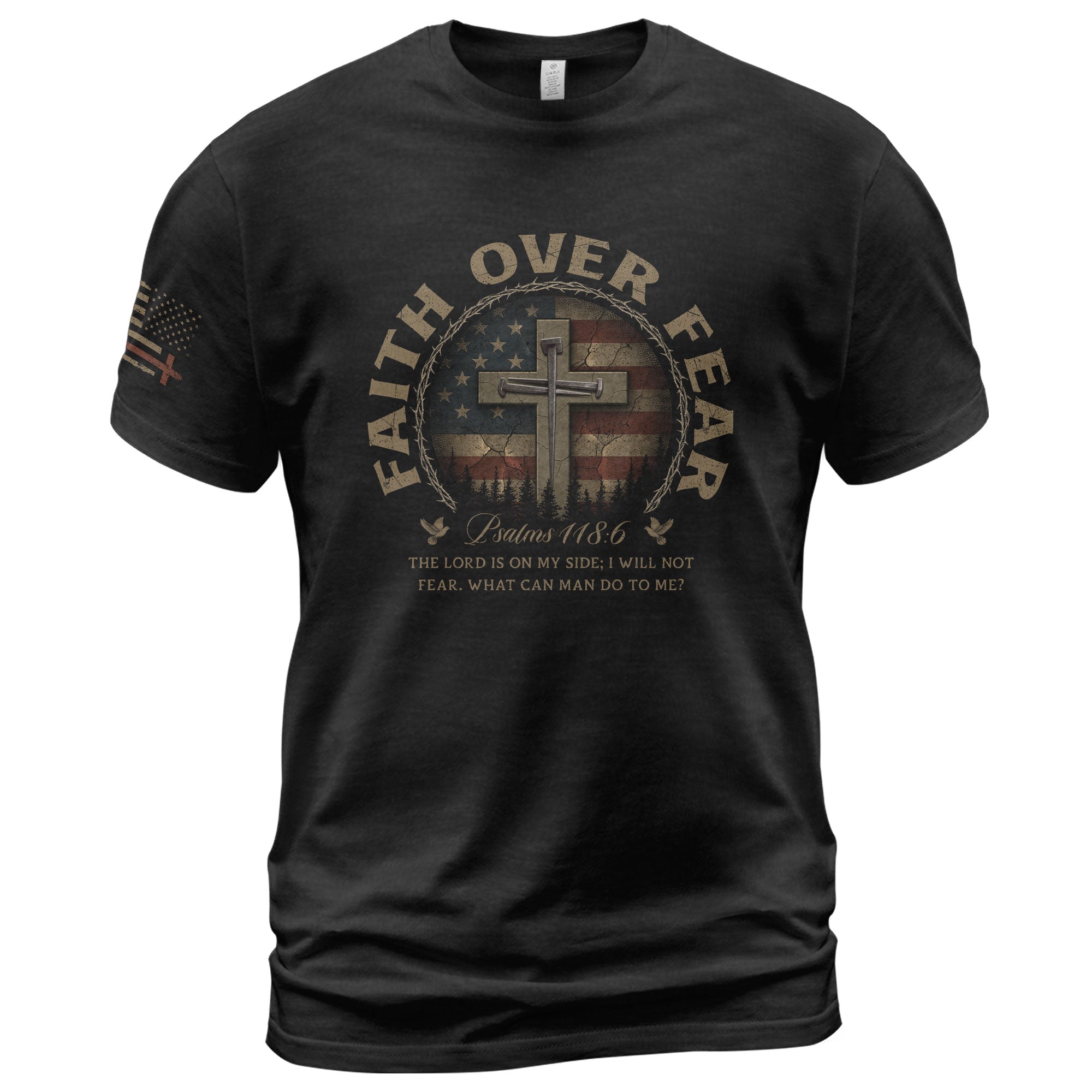 Faith Based Christian Tee Shirts, Faith Over Fear Cross American Flag Vintage Psalms 118:6 Christian - Christian Shirts for Men - Rust Field Wear