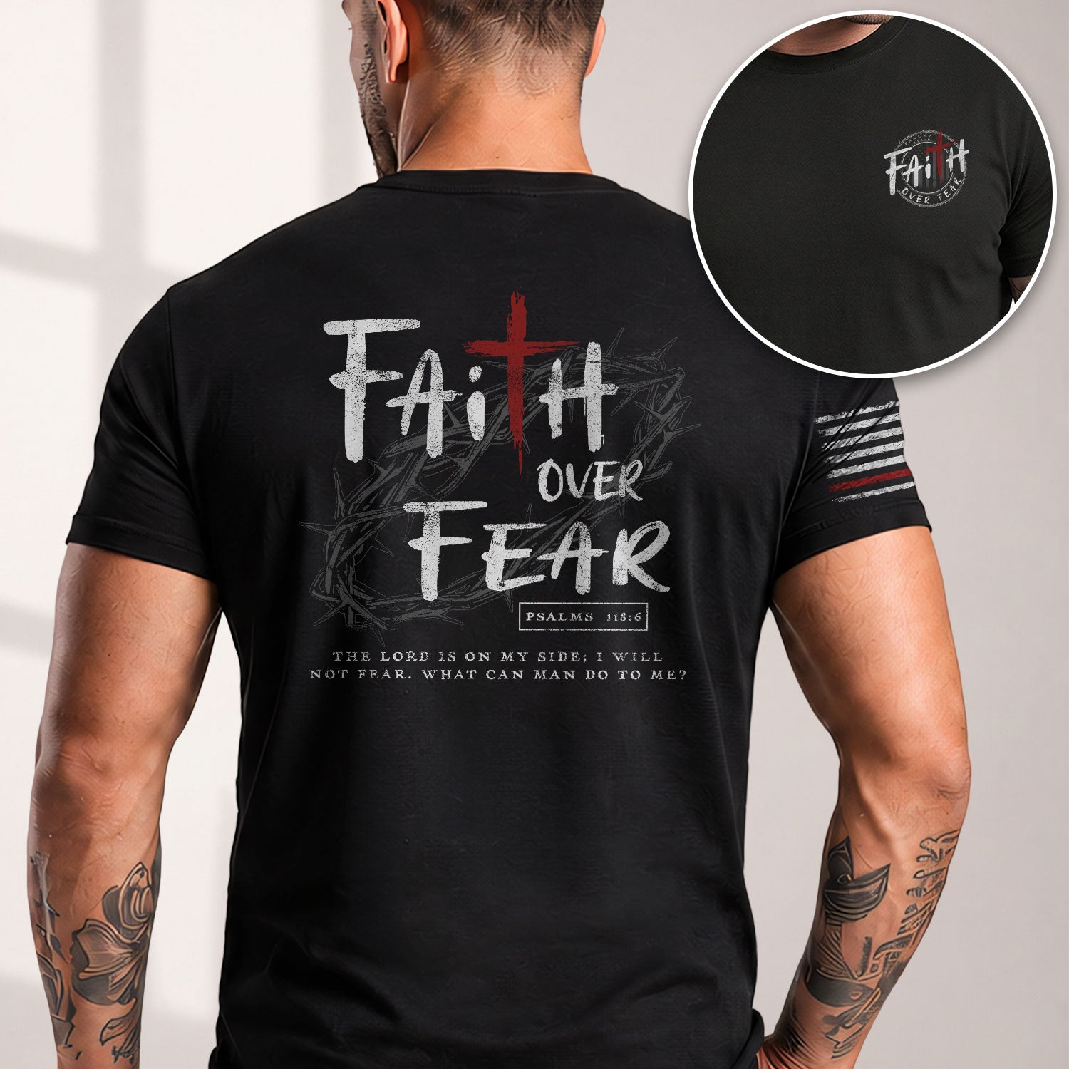 Christian Tee Shirts, Faith Over Fear Cross Crown of Thorns Psalms 118:6 Christian - Christian Shirts for Men - Rust Field Wear