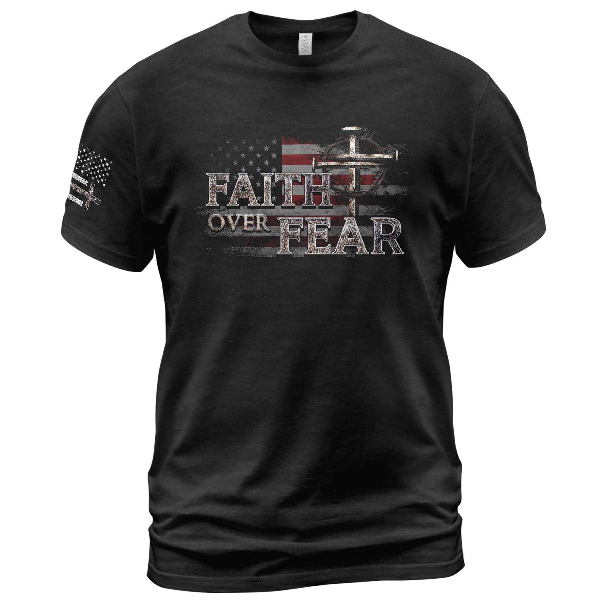 Christian Tee Shirts, Faith Over Fear Christian American Flag Cross Shield Design - Christian Shirts for Men - Rust Field Wear