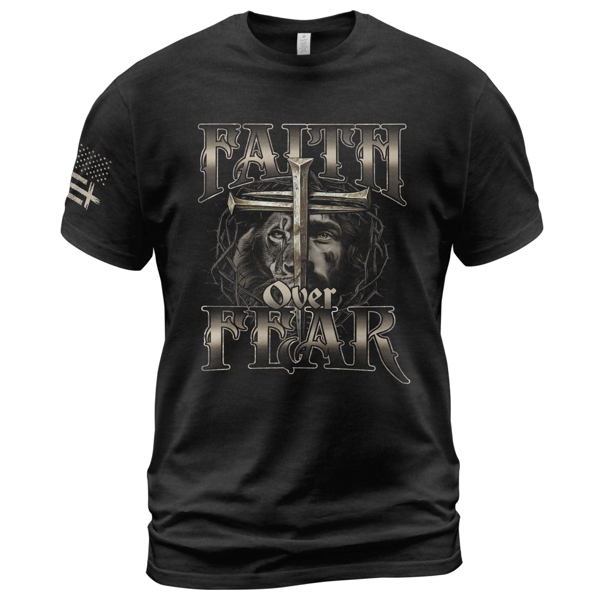 Christian Shirts for Men, Faith Over Fear Christian Lion Jesus Cross Crown Design - Christian Tee Shirts - Rust Field Wear