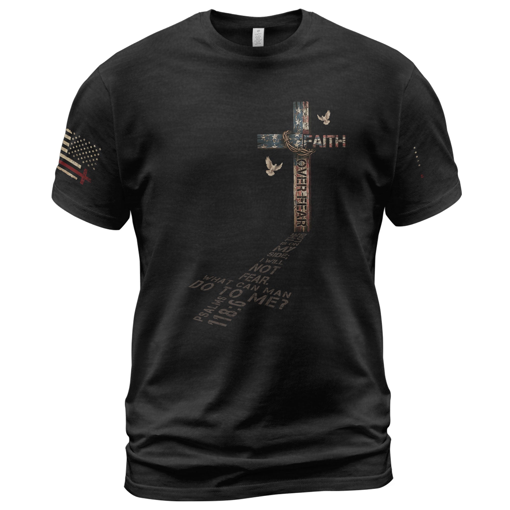 Faith Over Fear Cross American Flag Christian Psalm 118:6 Design, Christian Shirts for Men - Christian Tee Shirts - Rust Field Wear