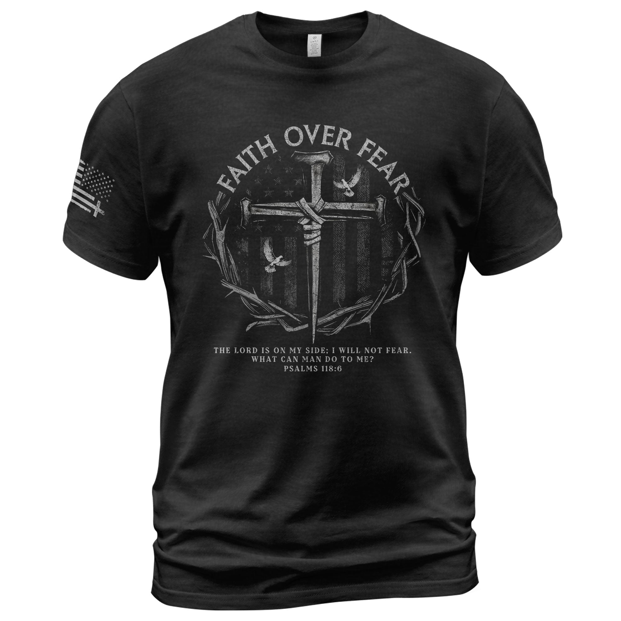 Christian Tee Shirts, Faith Over Fear American Flag Psalm 118:6 Christian - Christian Shirts for Men - Rust Field Wear