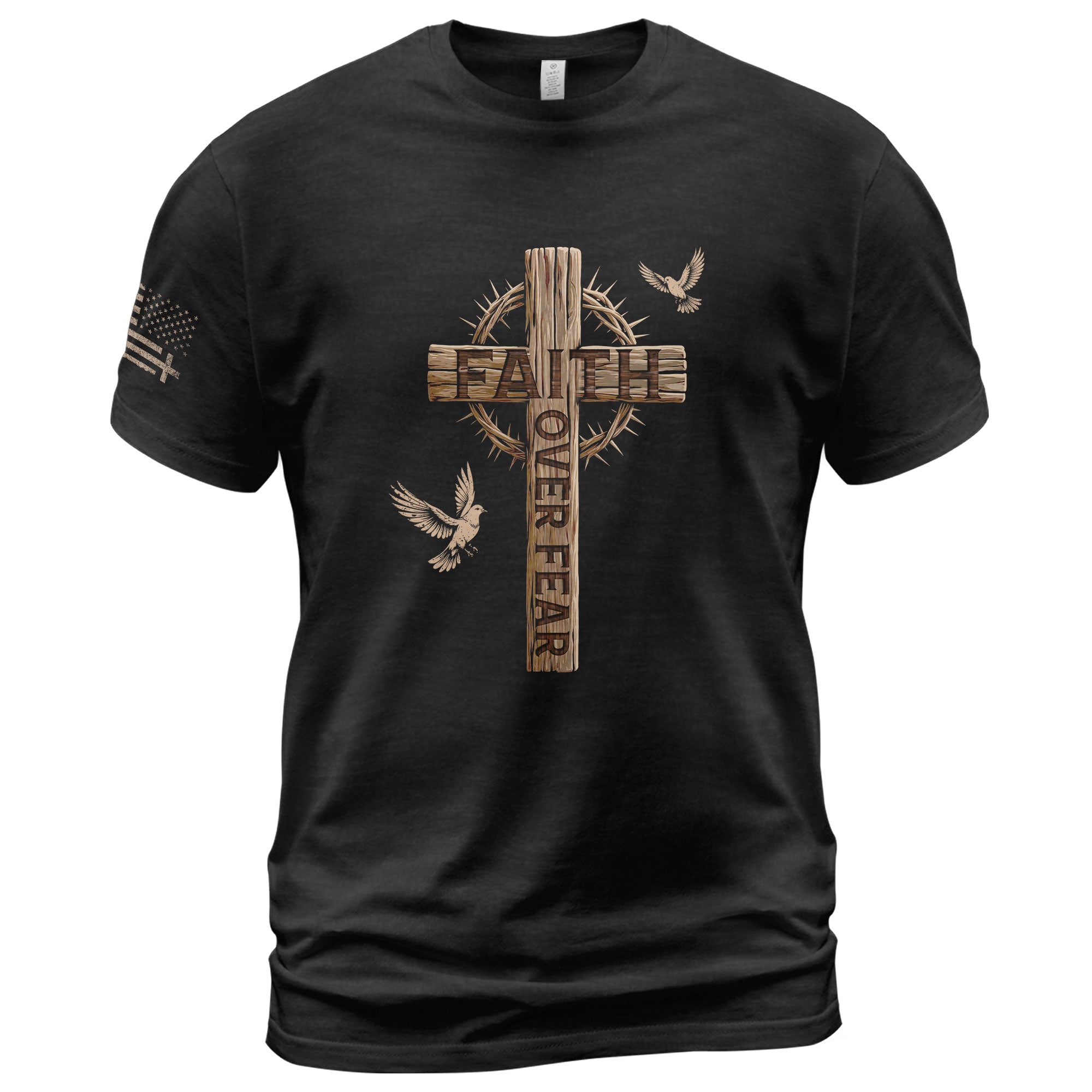 Faith Over Fear Christian Wooden Cross Crown of Thorns Design, Christian Tee Shirts - Faith Shirts for Men - Rust Field Wear
