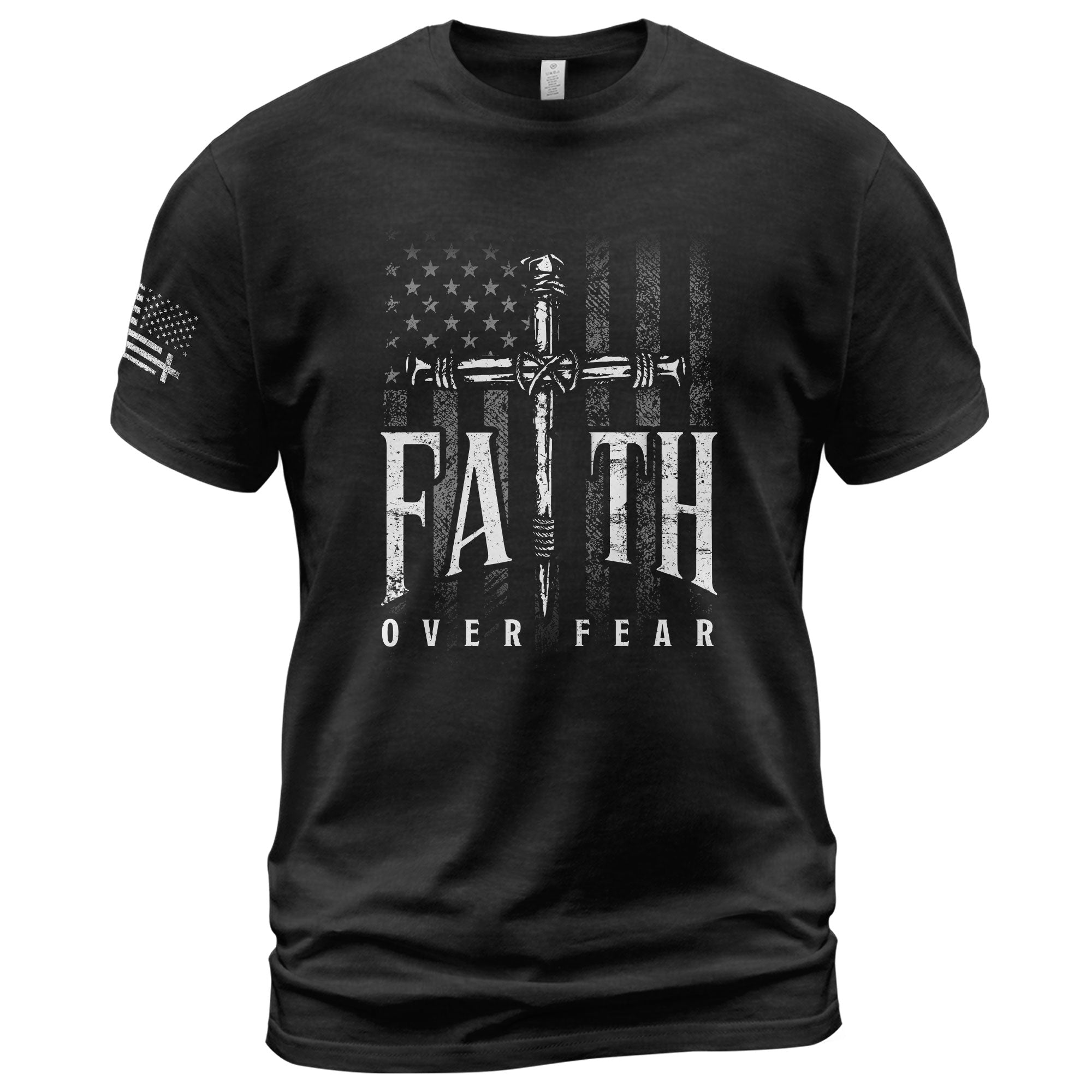 Christian Shirts for Men - Faith Over Fear Christian American Flag Cross Sword Design, Christian Tee Shirts - Rust Field Wear