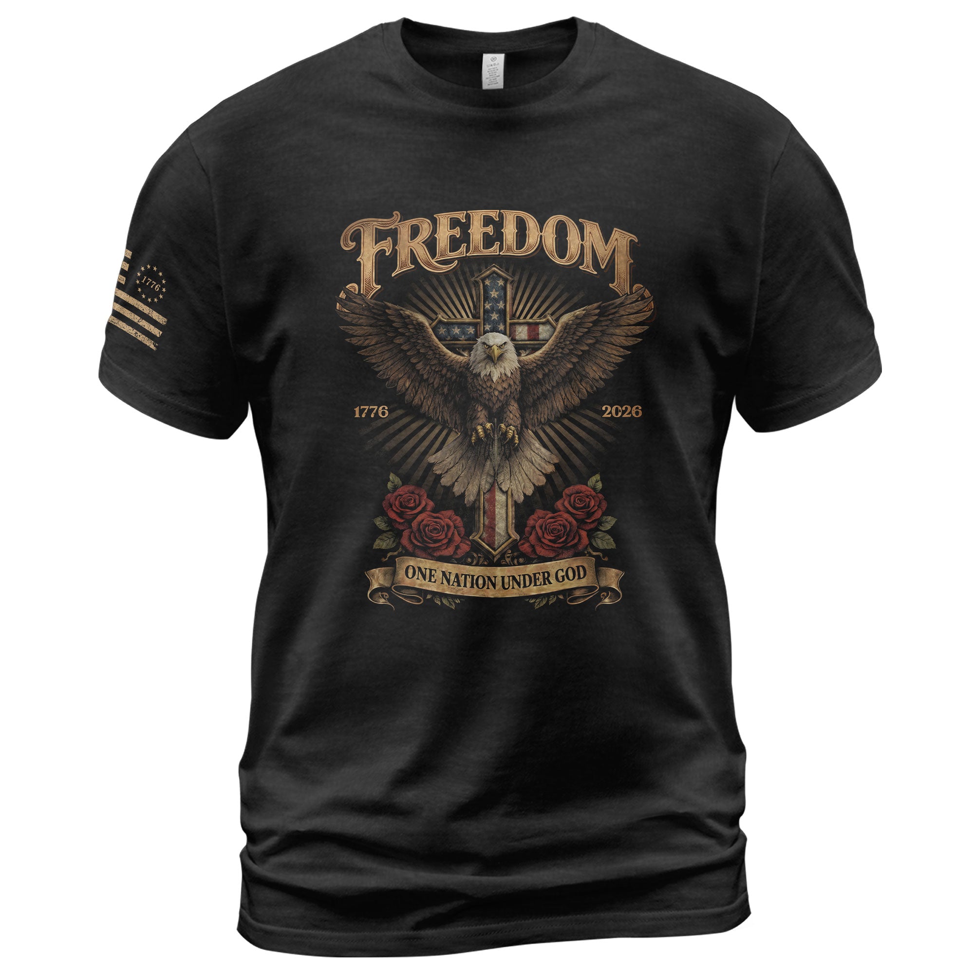 250 Years America Freedom Eagle and Christian Cross T Shirt - One Nation Under God Tee - Rust Field Wear