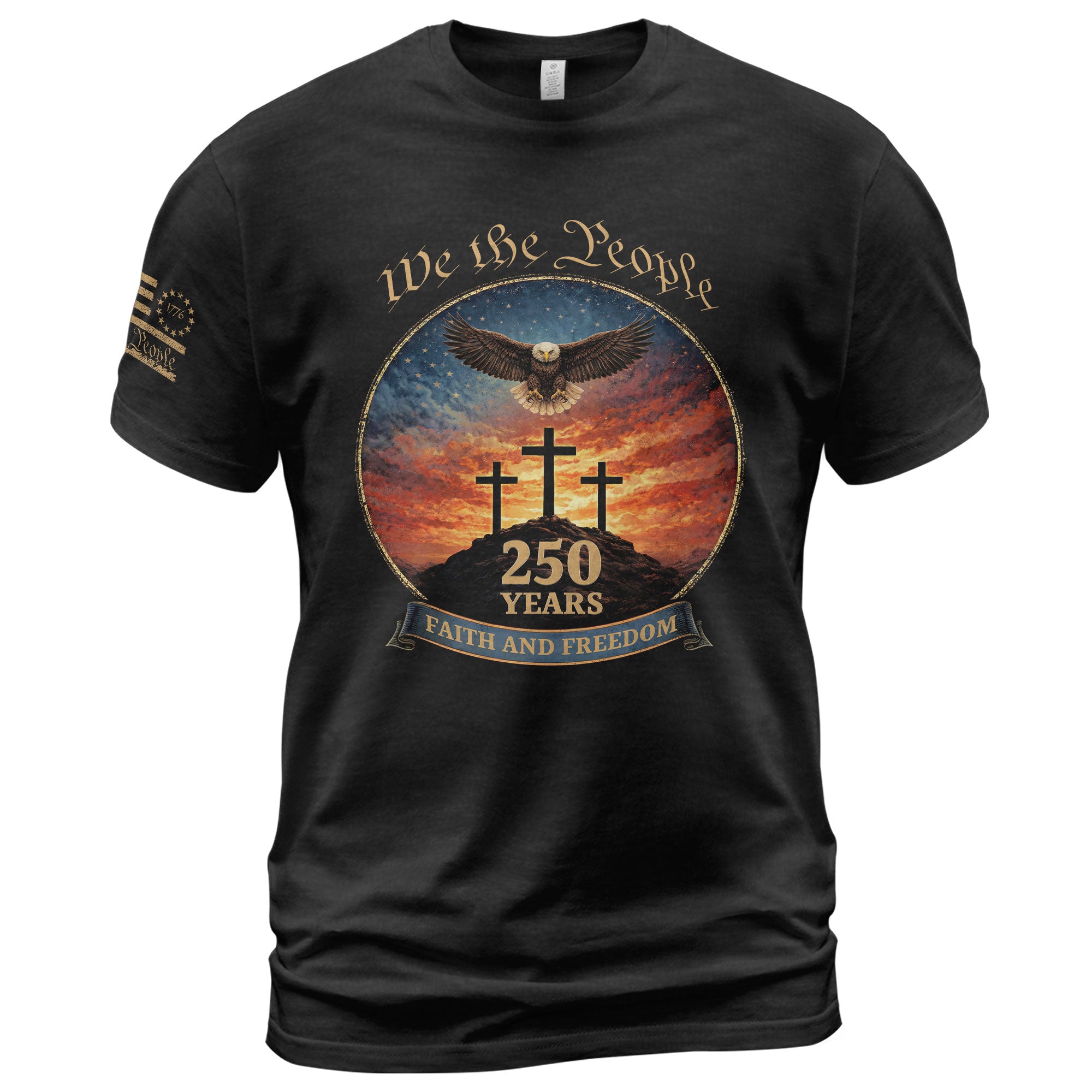We the People 250th Anniversary T-Shirt - Christian American Patriot Eagle Soaring Over Three Crosses Design - Rust Field Wear