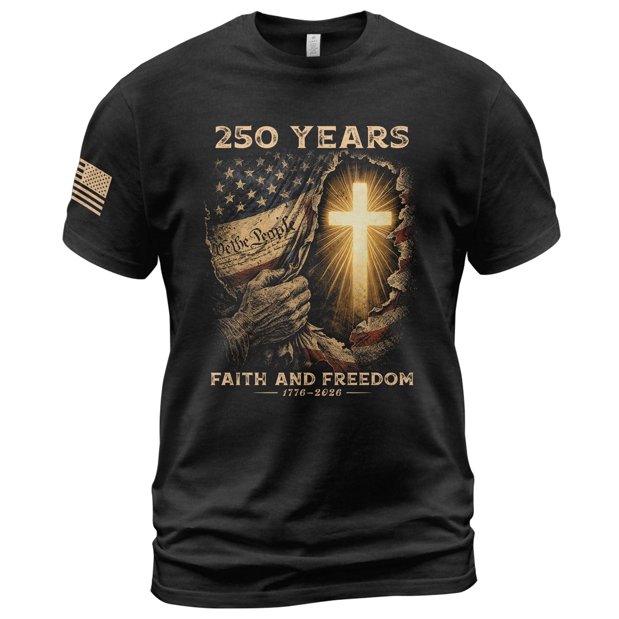 250th Anniversary Patriotic Shirt - Faith and Freedom Glowing Cross Christian Design - Rust Field Wear