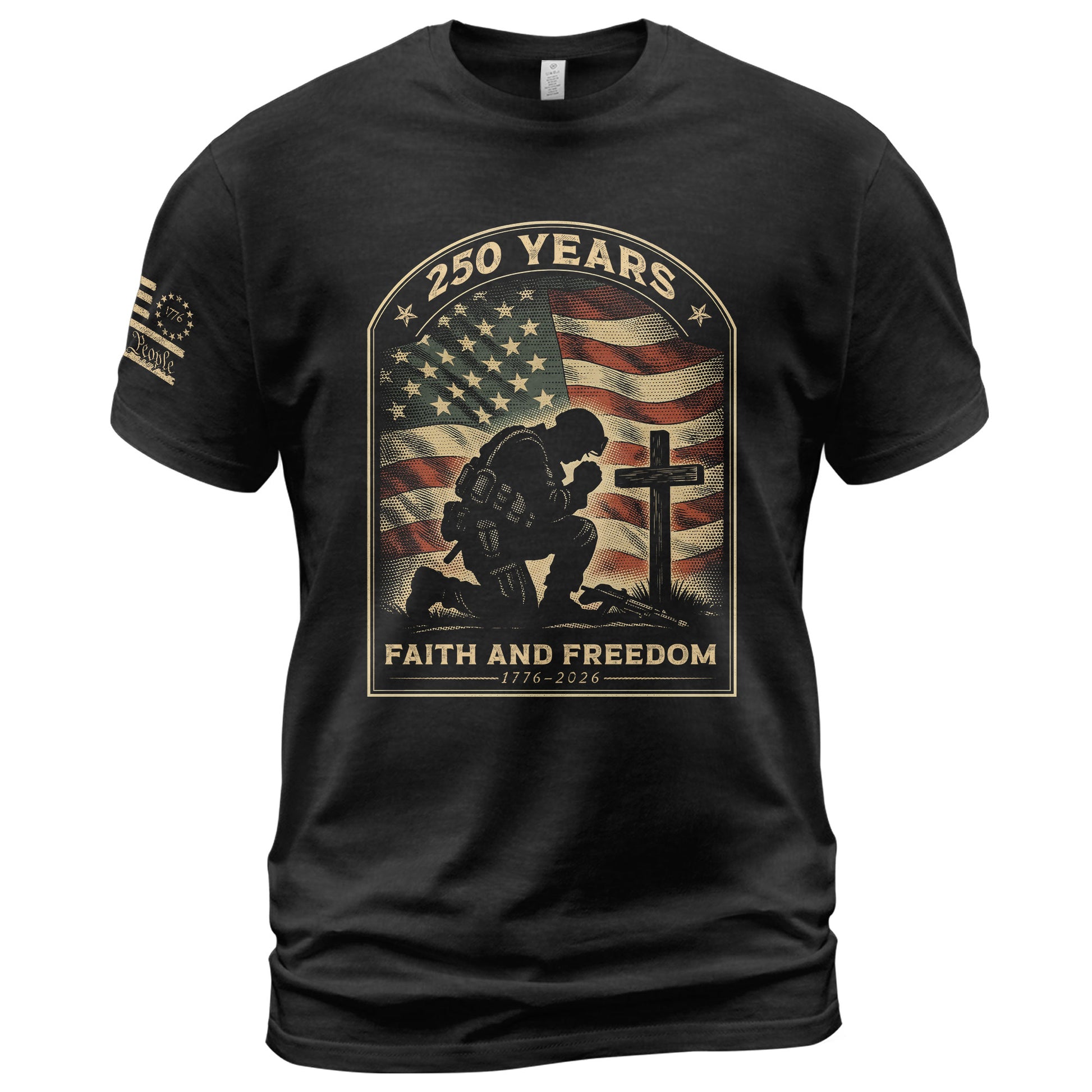 Faith and Freedom 250 Years 250th Anniversary Patriotic T-Shirt - Kneeling Soldier Prayer & American Flag Graphic Tee - Rust Field Wear