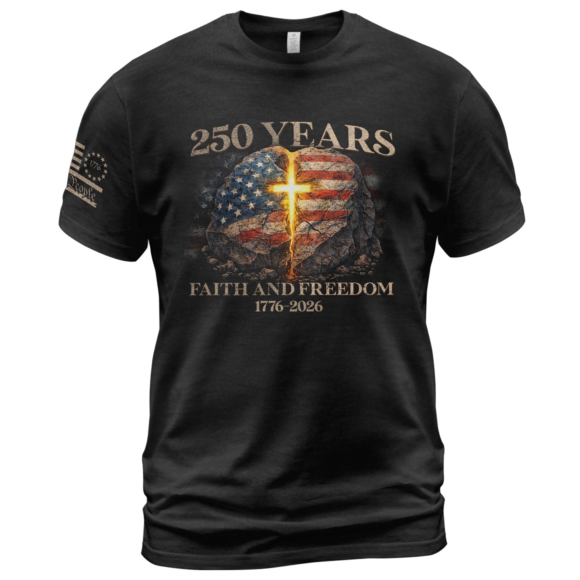 Faith and Freedom 250 Years T-Shirt - Glowing Cross & American Flag Rock Graphic Tee - Rust Field Wear