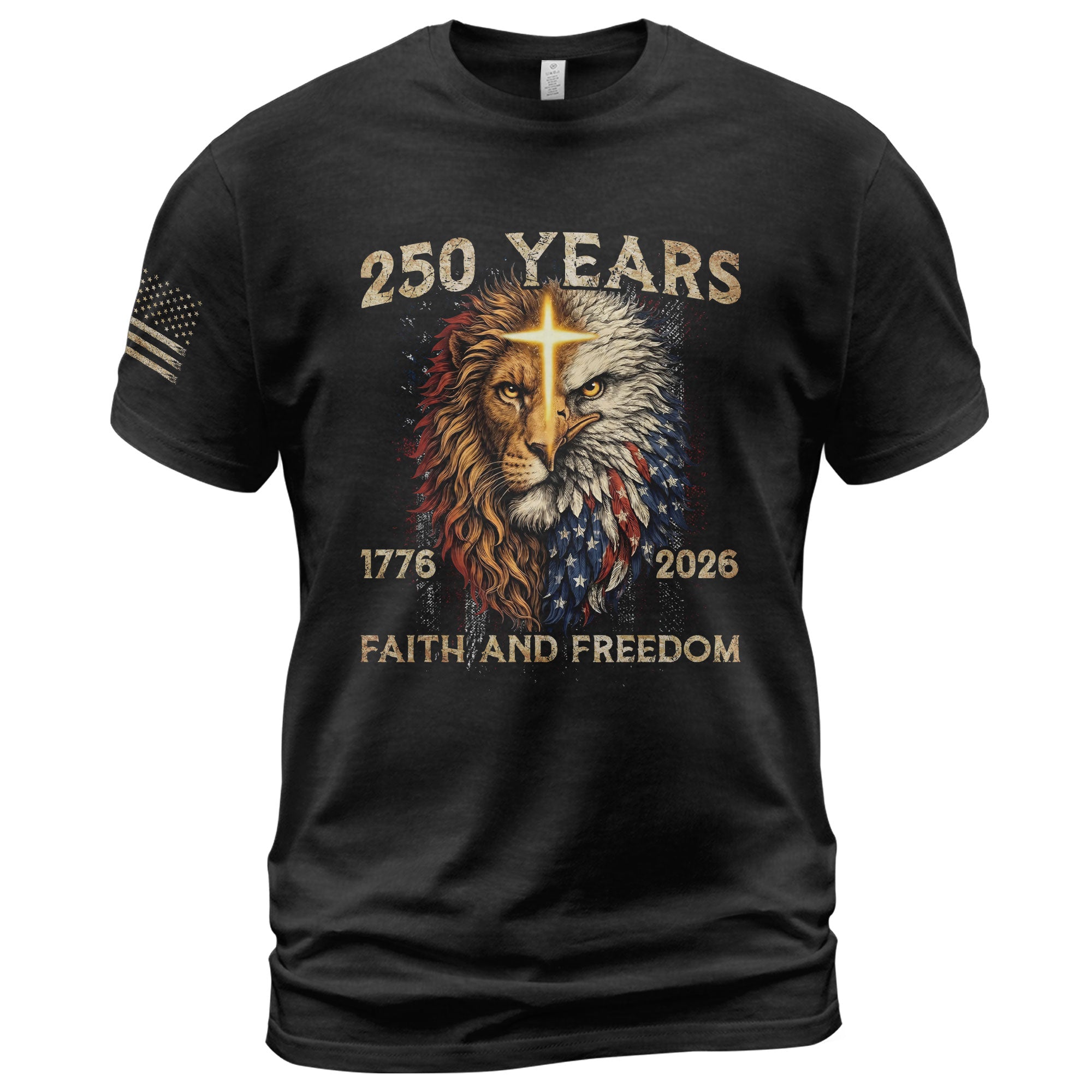 250 Years of Faith and Freedom Shirt - Lion and Eagle Cross Patriotic Strength Statement Graphic Tee - Rust Field Wear