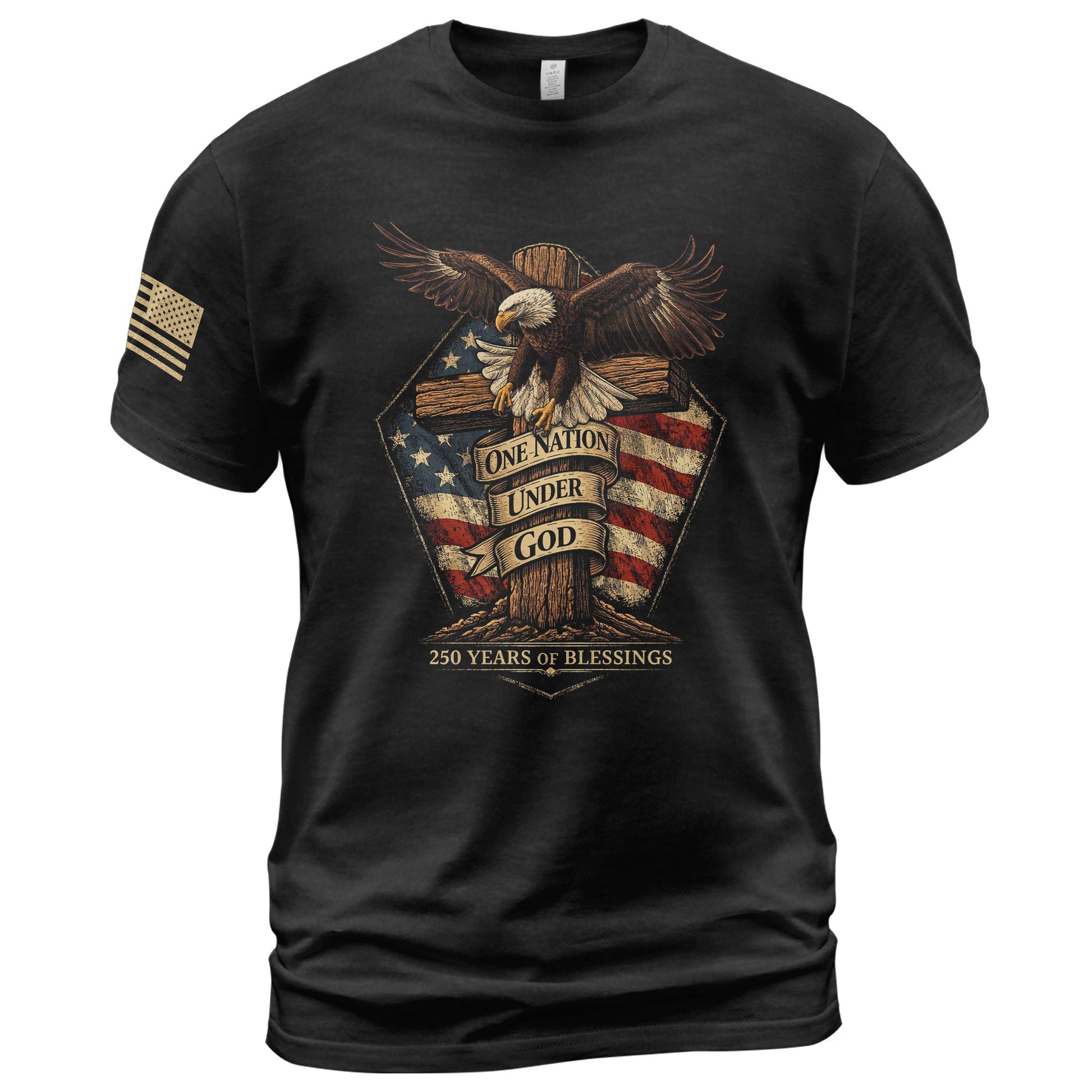 American Faith 250 Years of Blessings T-Shirt - One Nation Under God Eagle & Cross Design - Rust Field Wear