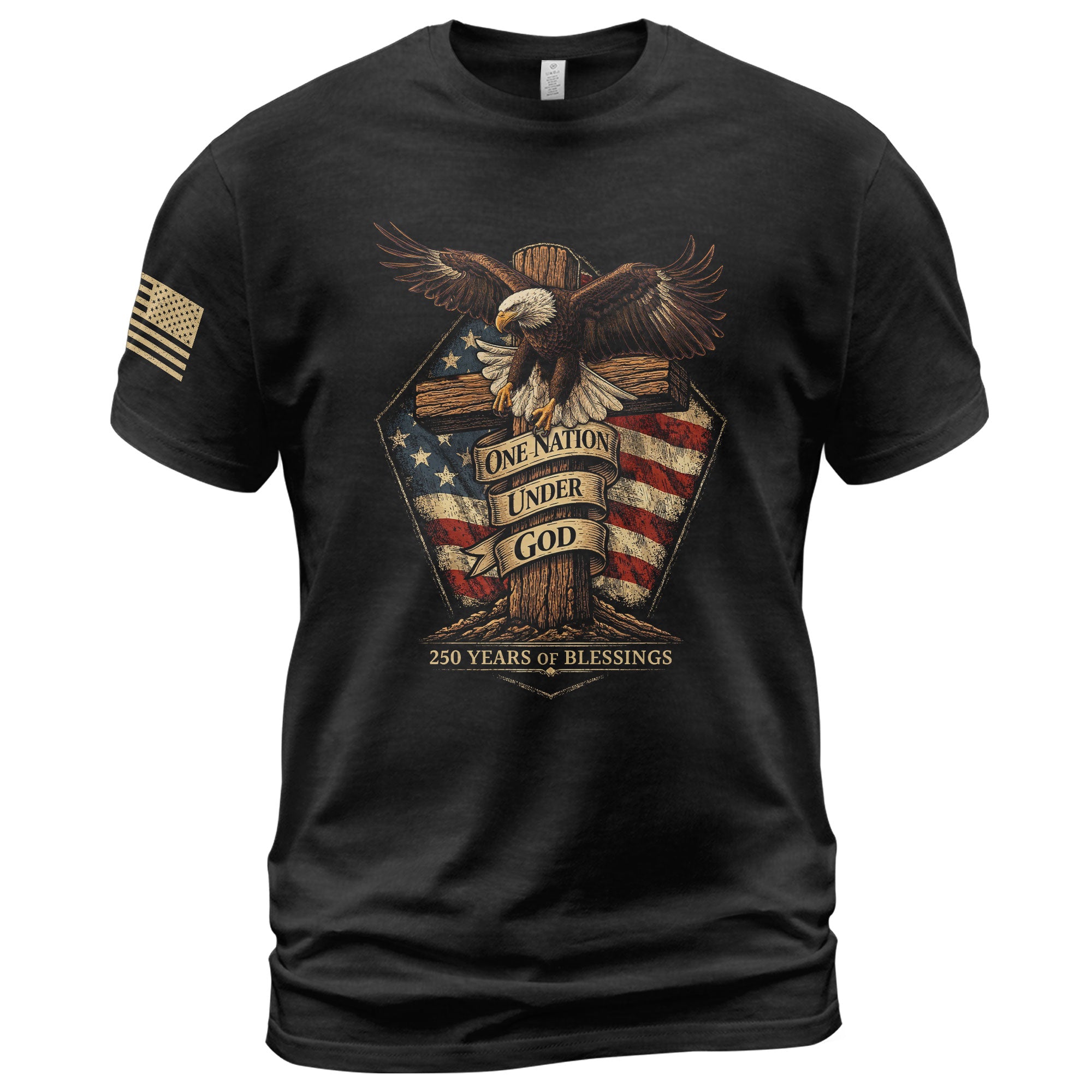 American Faith 250 Years of Blessings T-Shirt - One Nation Under God Eagle & Cross Design - Rust Field Wear