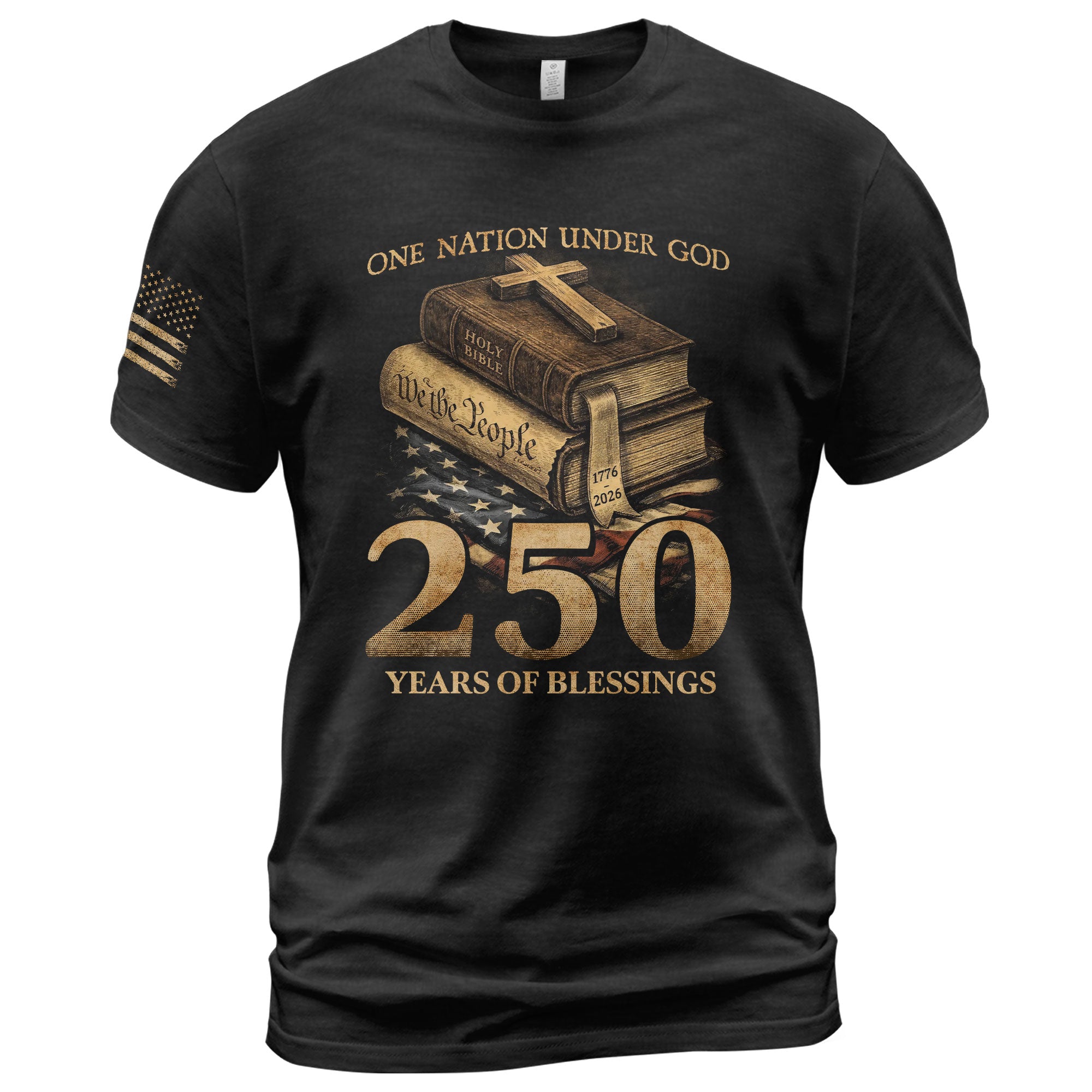 250 Years of Blessings T-Shirt - Religious Patriotic One Nation Under God Liberty Bell & US Flag Tee - Rust Field Wear